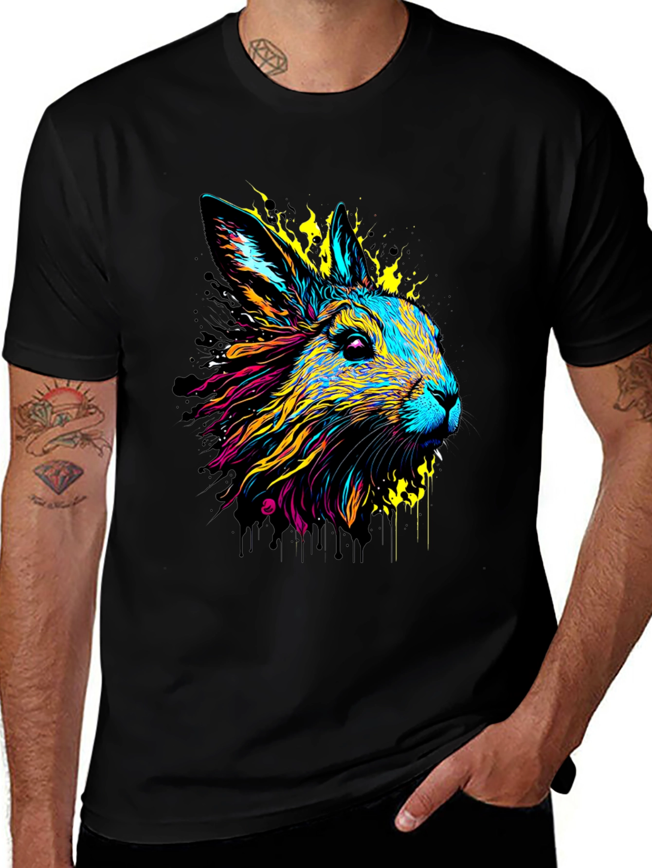 Variant 19 of Vibrant Rabbit Graphic Tee - Black Cotton T-Shirt