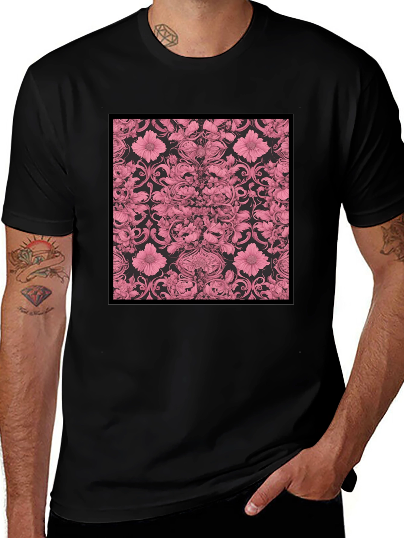 Pink Floral Print Black T-Shirt