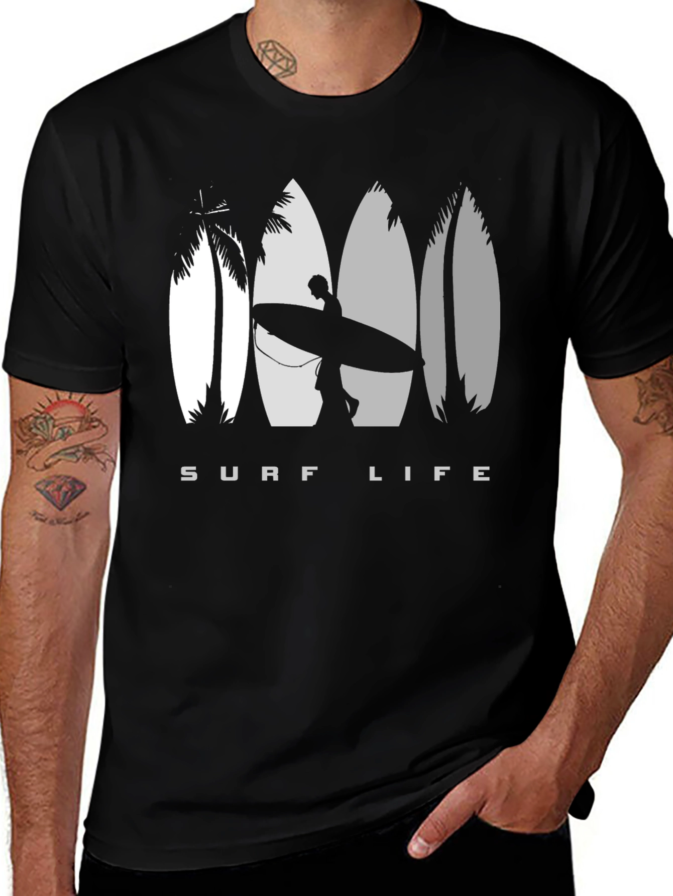 Variant 3 of Surf Life Black T-Shirt with Surfboard Design
