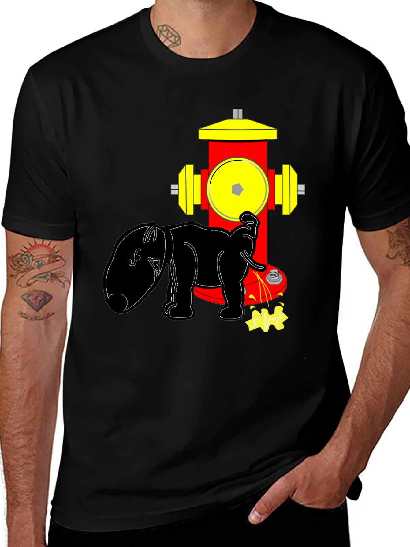 Black Funny Elephant Peeing on Fire Hydrant Black T-Shirt main image