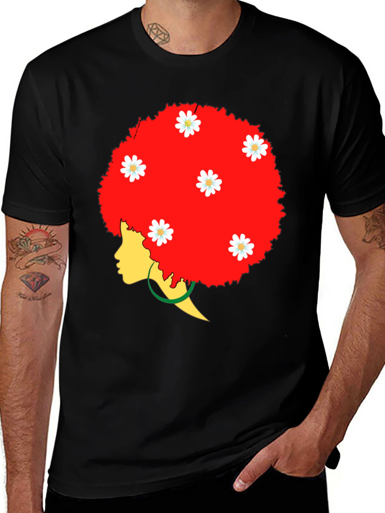 Variant 27 of Afro Queen Black T-Shirt with Daisy Flowers