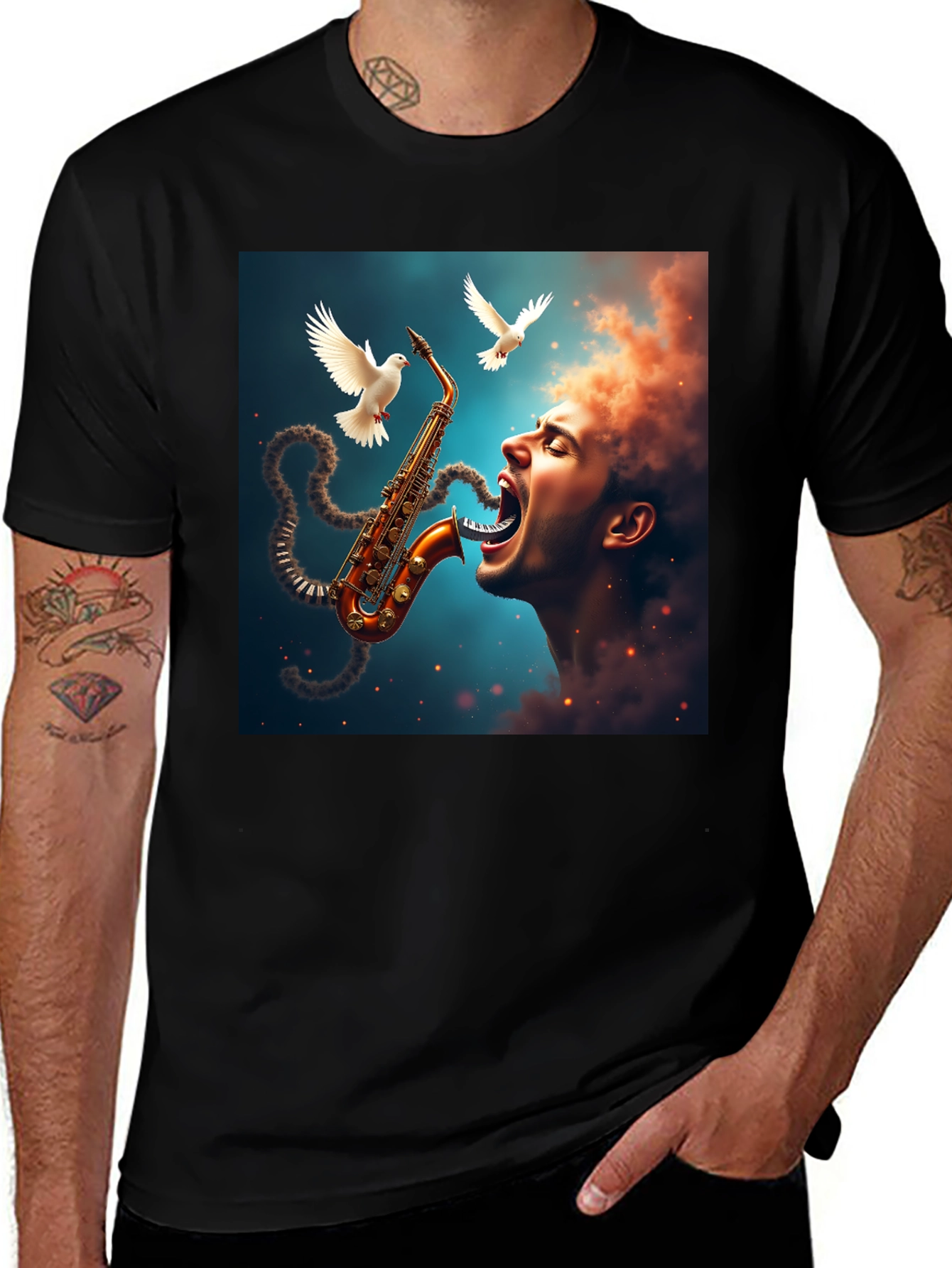 Variant 16 of Saxophone Man Graphic Tee - Artistic Black T-Shirt