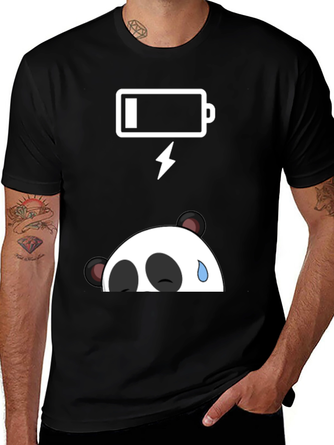 Black Funny Panda Low Battery Graphic Tee - Black Cotton T-Shirt main image