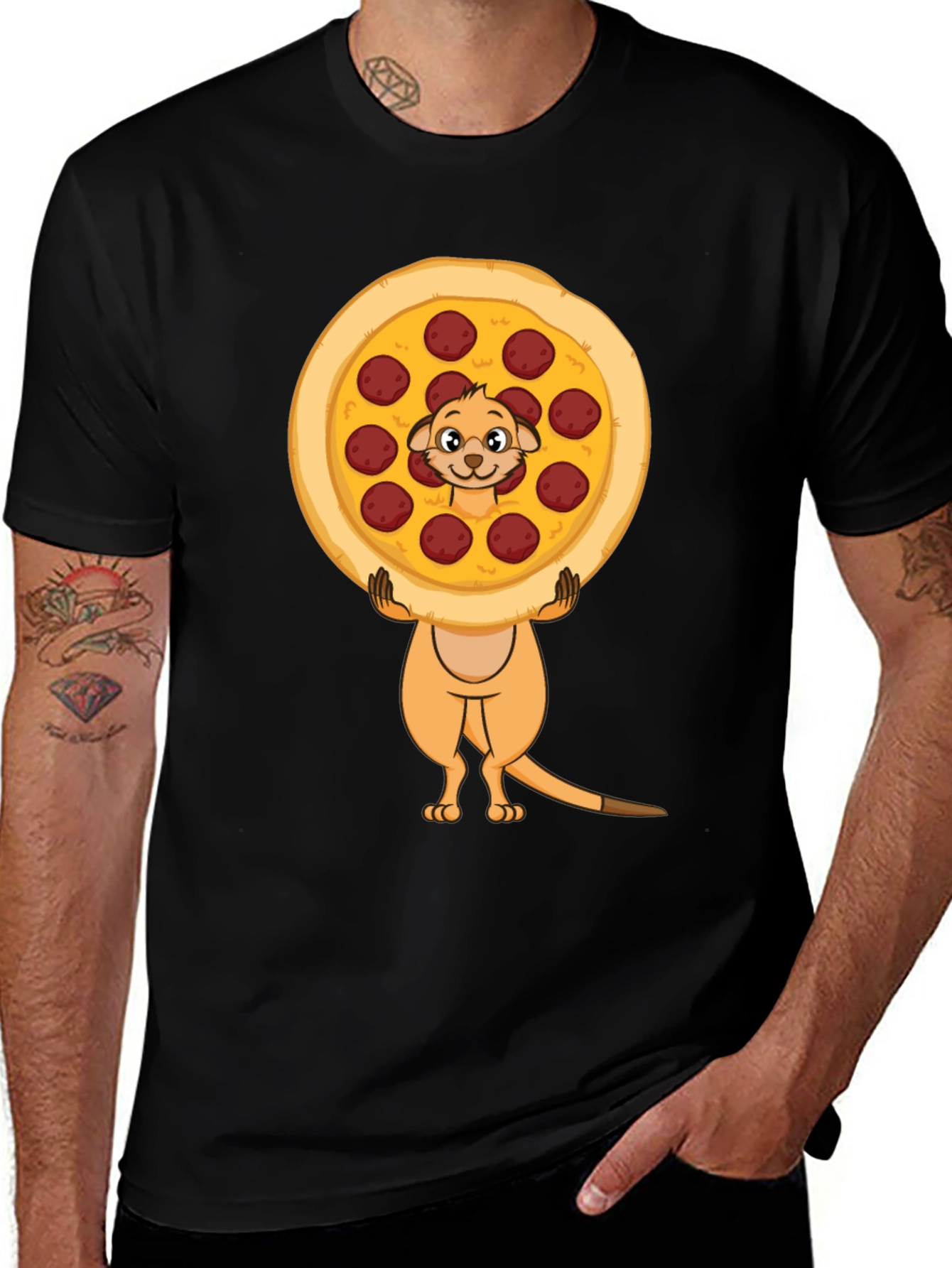 Black Funny Meerkat Pizza Lover Black T-Shirt main image