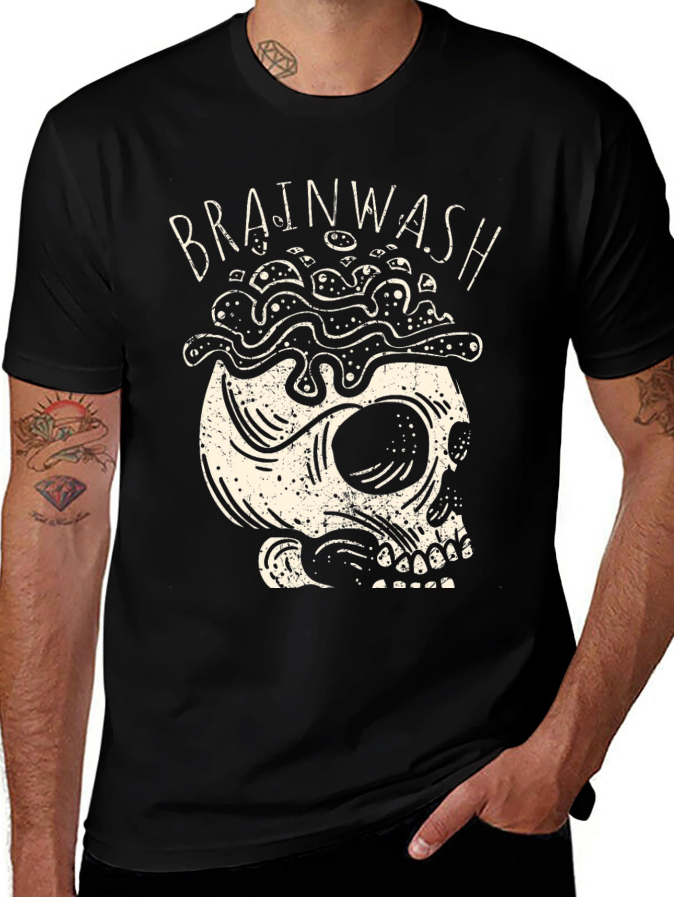 Variant 8 of Brainwash Skull Graphic Tee - Black Cotton T-Shirt