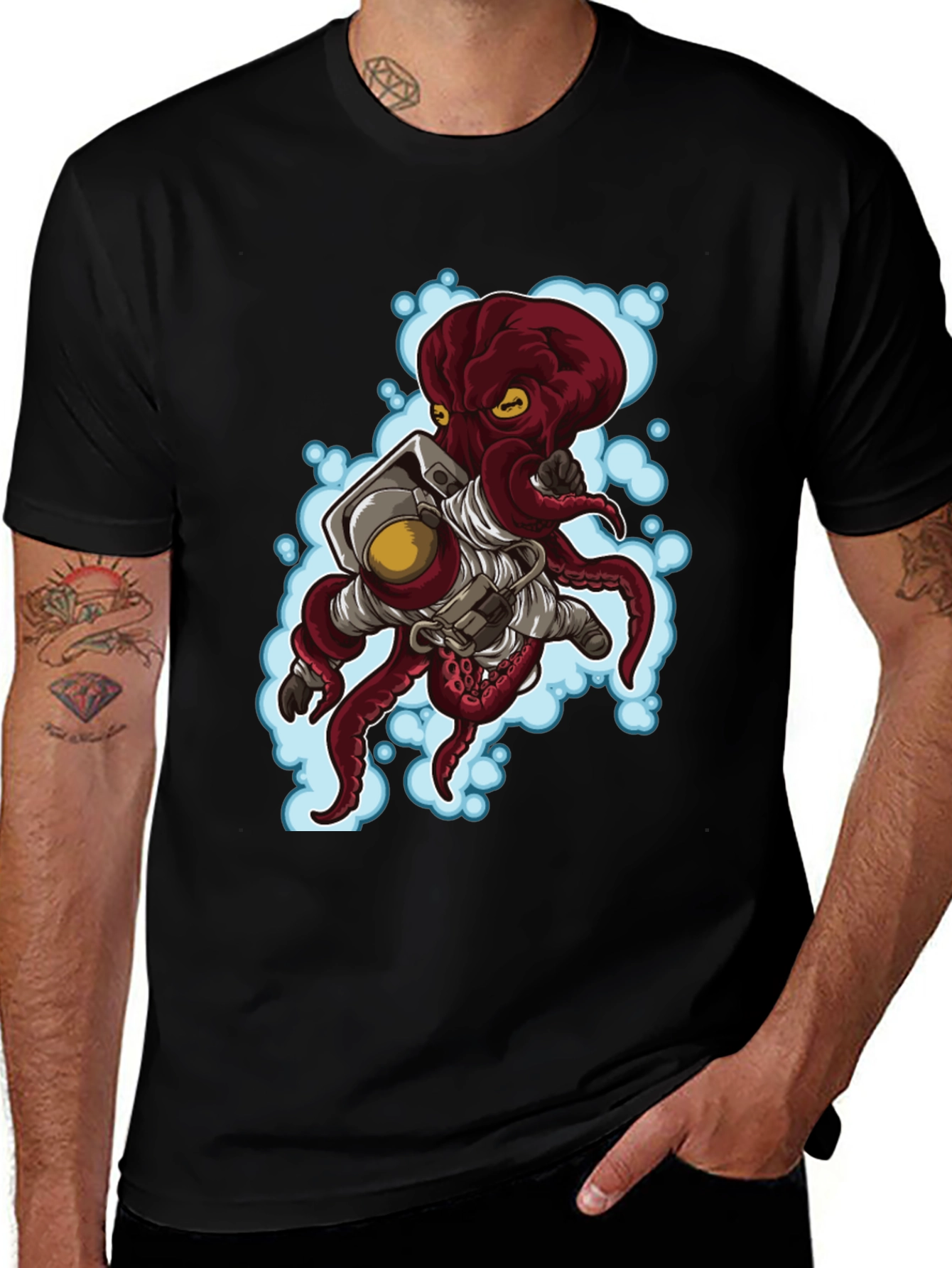 Variant 11 of Astronaut Octopus Graphic Tee - Black Cotton