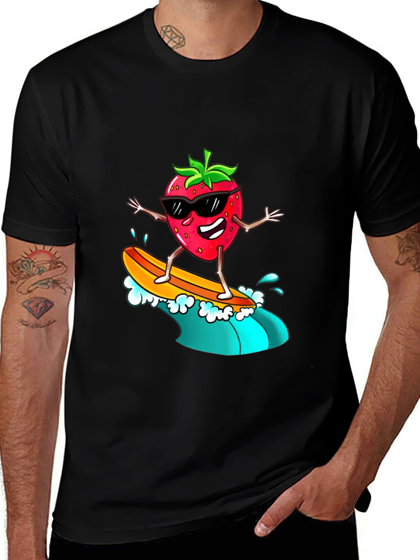 Variant 28 of Cool Strawberry Surfer Graphic Tee - Black T-Shirt