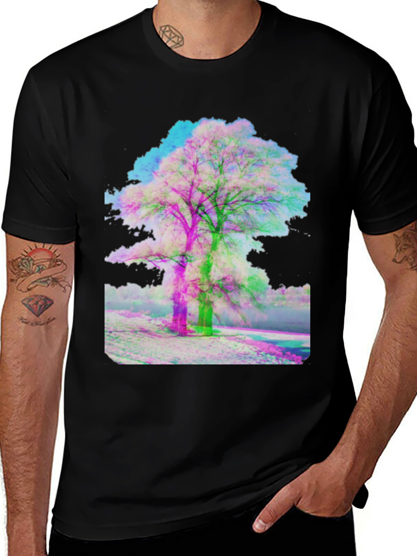 Variant 5 of Glitch Art Tree Graphic Tee - Unique Black T-Shirt