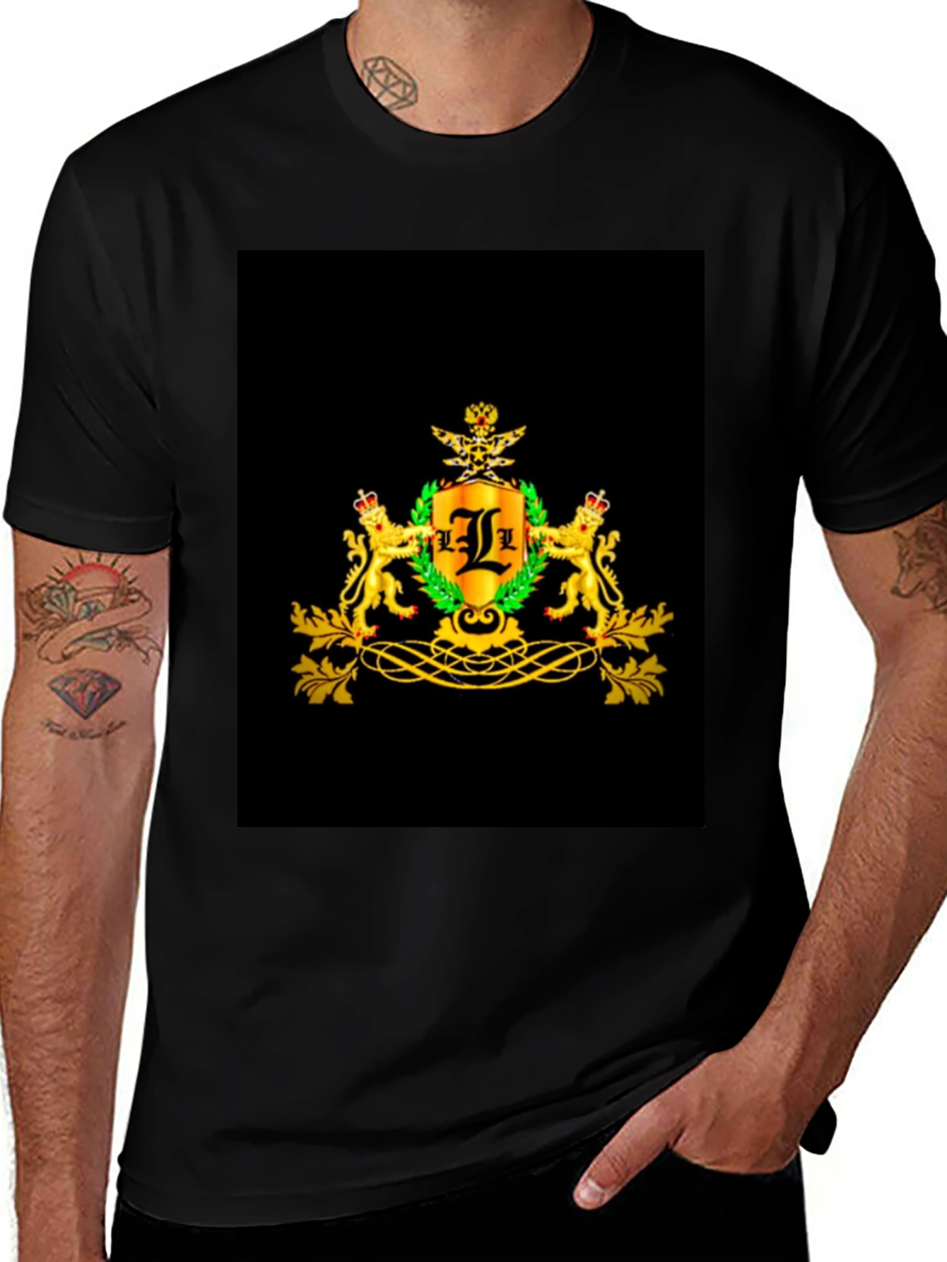 Variant 21 of Black Tee with Golden Lion Crest Graphic