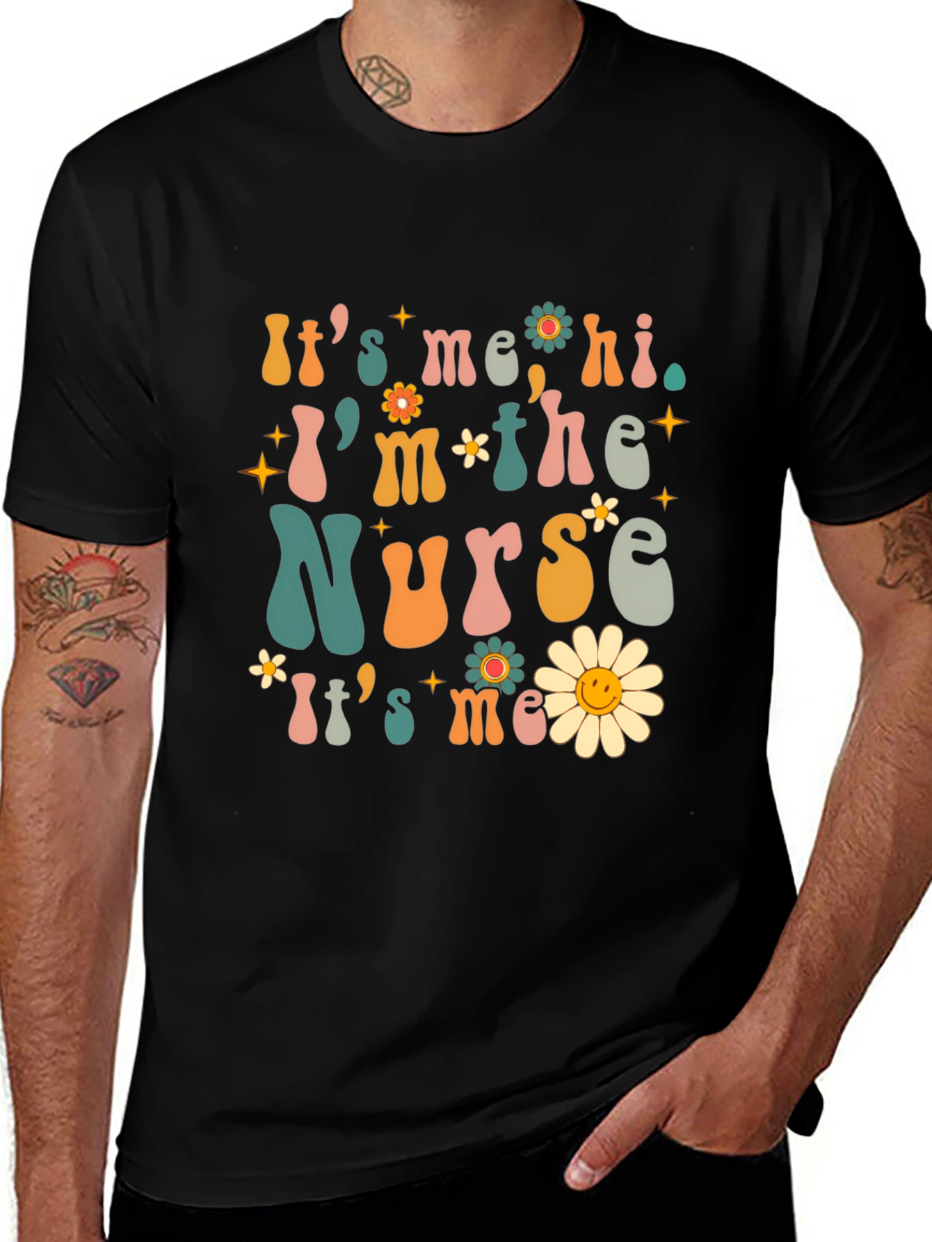Retro Nurse Graphic Tee - Groovy Floral Design