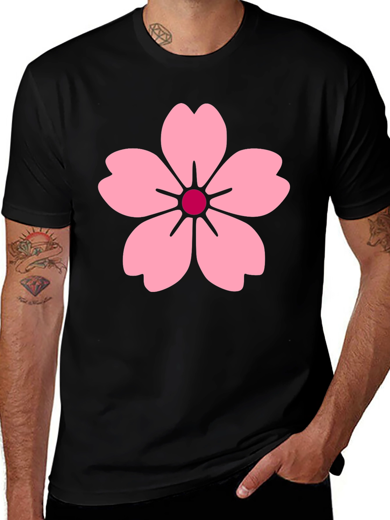 Variant 12 of Black T-Shirt with Pink Cherry Blossom Graphic