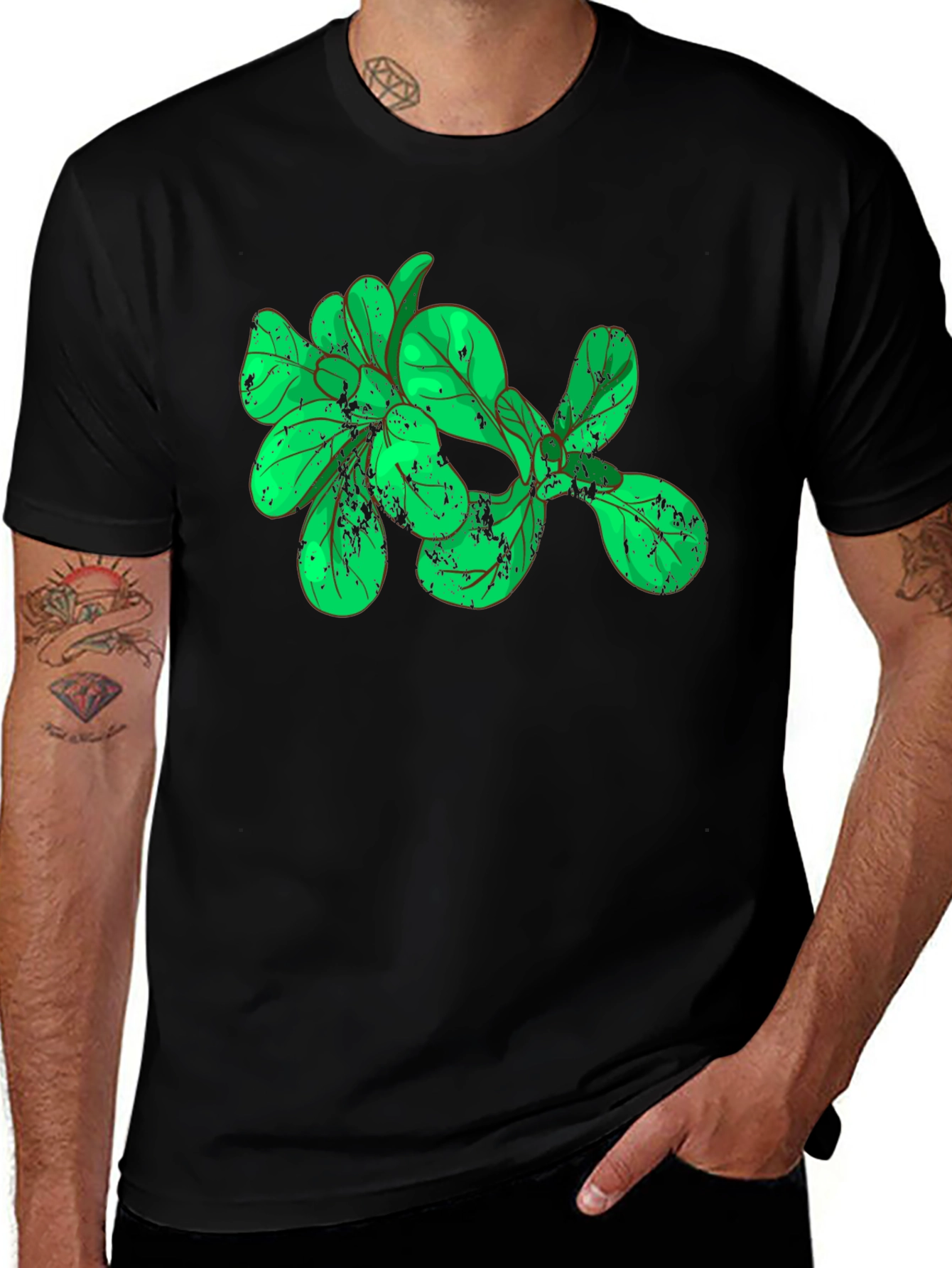 Green Leaves Graphic Black T-Shirt