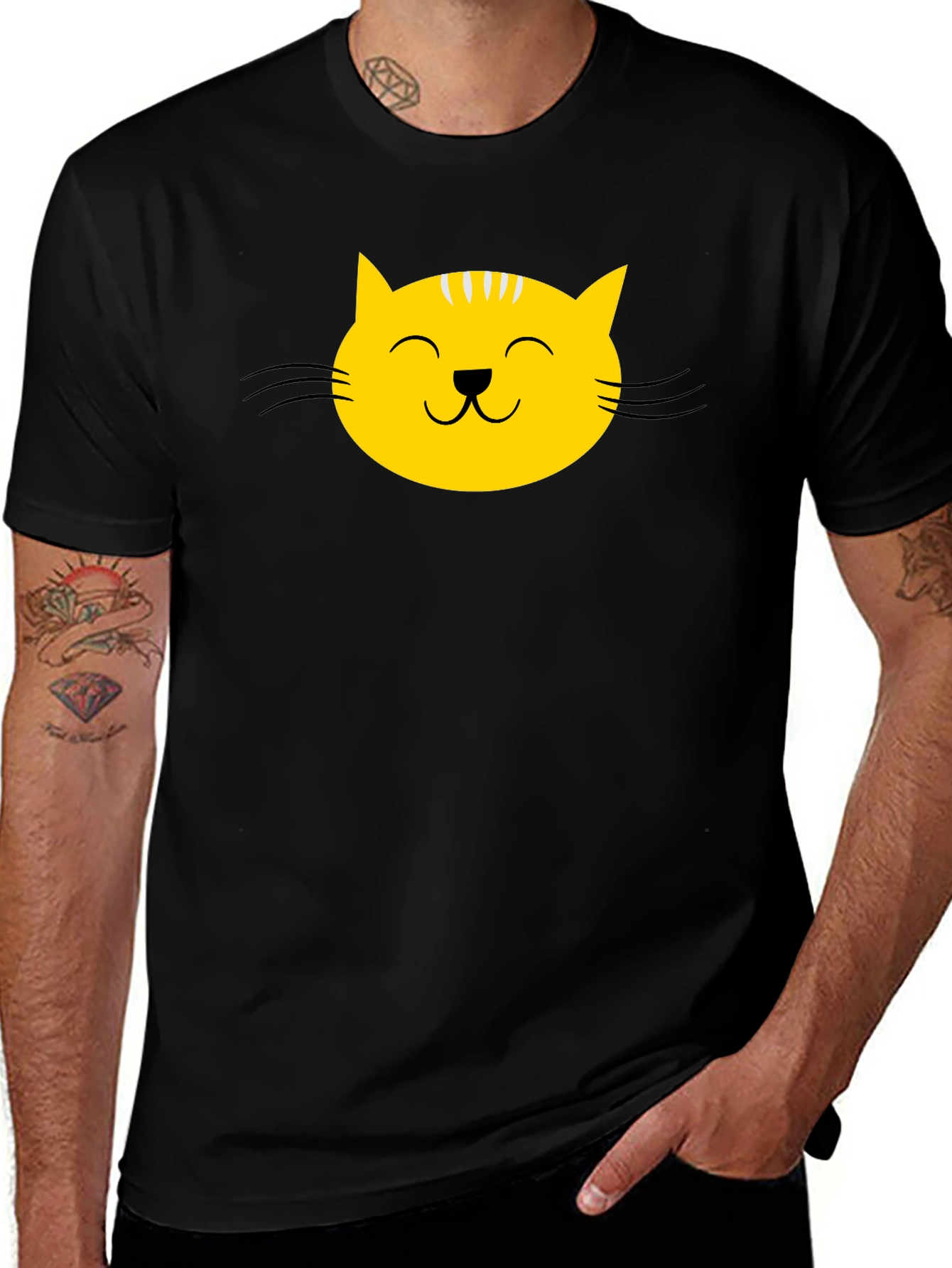 Black Black T-Shirt with Yellow Cat Face Graphic main image