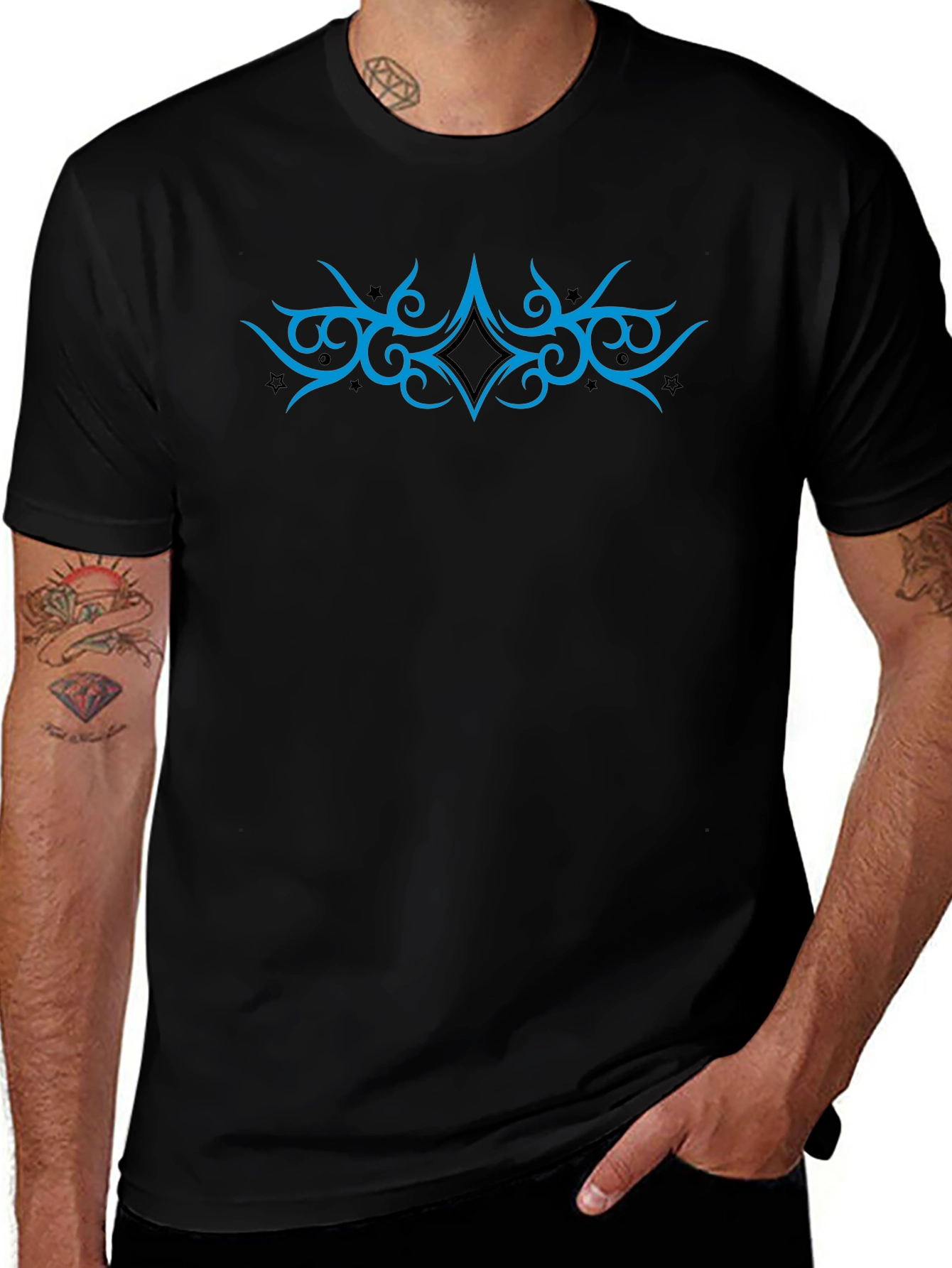 Variant 11 of Men's Black T-Shirt with Blue Tribal Design