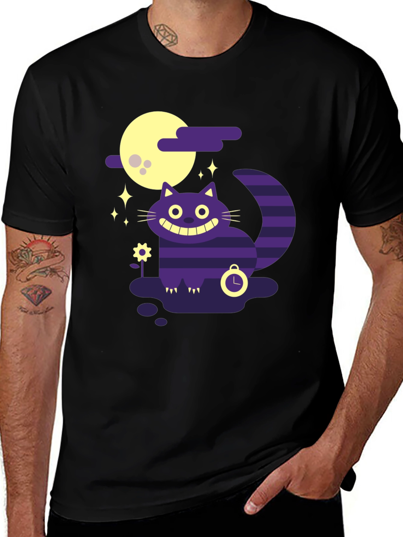 Variant 19 of Whimsical Cheshire Cat Graphic Tee - Black Cotton Shirt