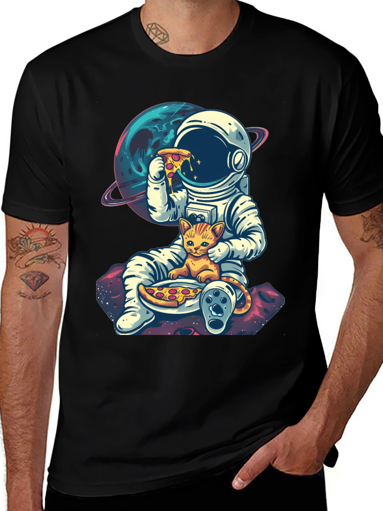 Variant 27 of Astronaut Cat Pizza Black T-Shirt