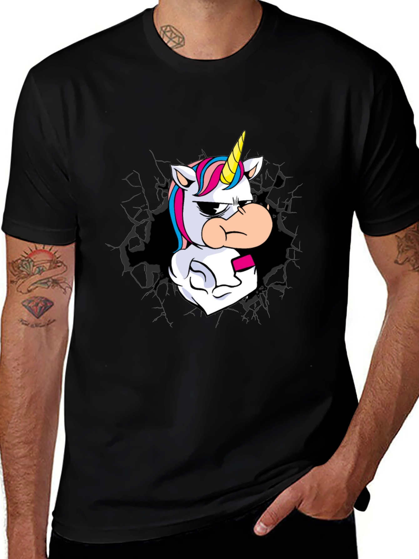 Variant 26 of Men's Black T-Shirt with Grumpy Unicorn Graphic
