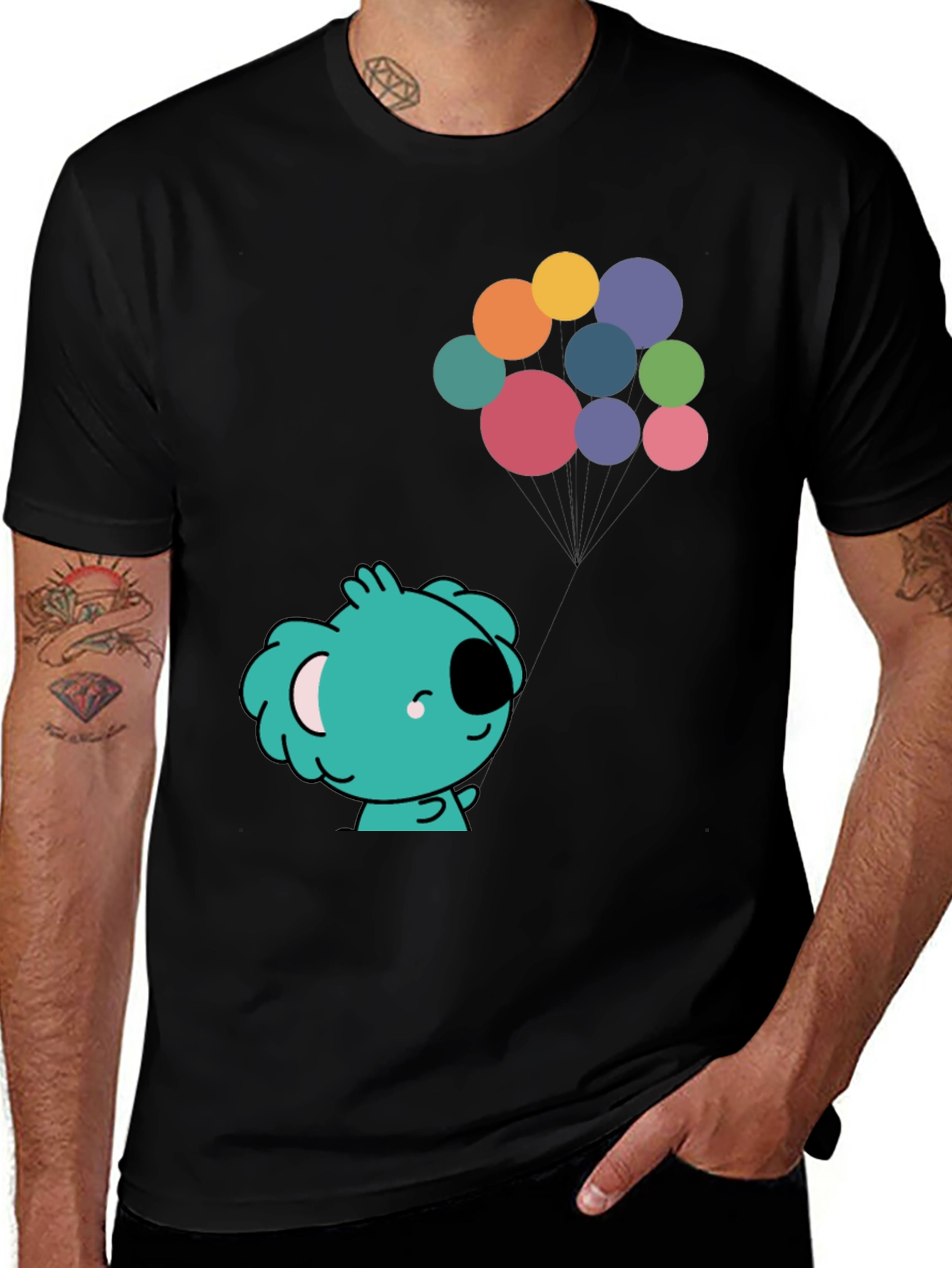 Variant 14 of Koala and Balloons Graphic Black T-Shirt