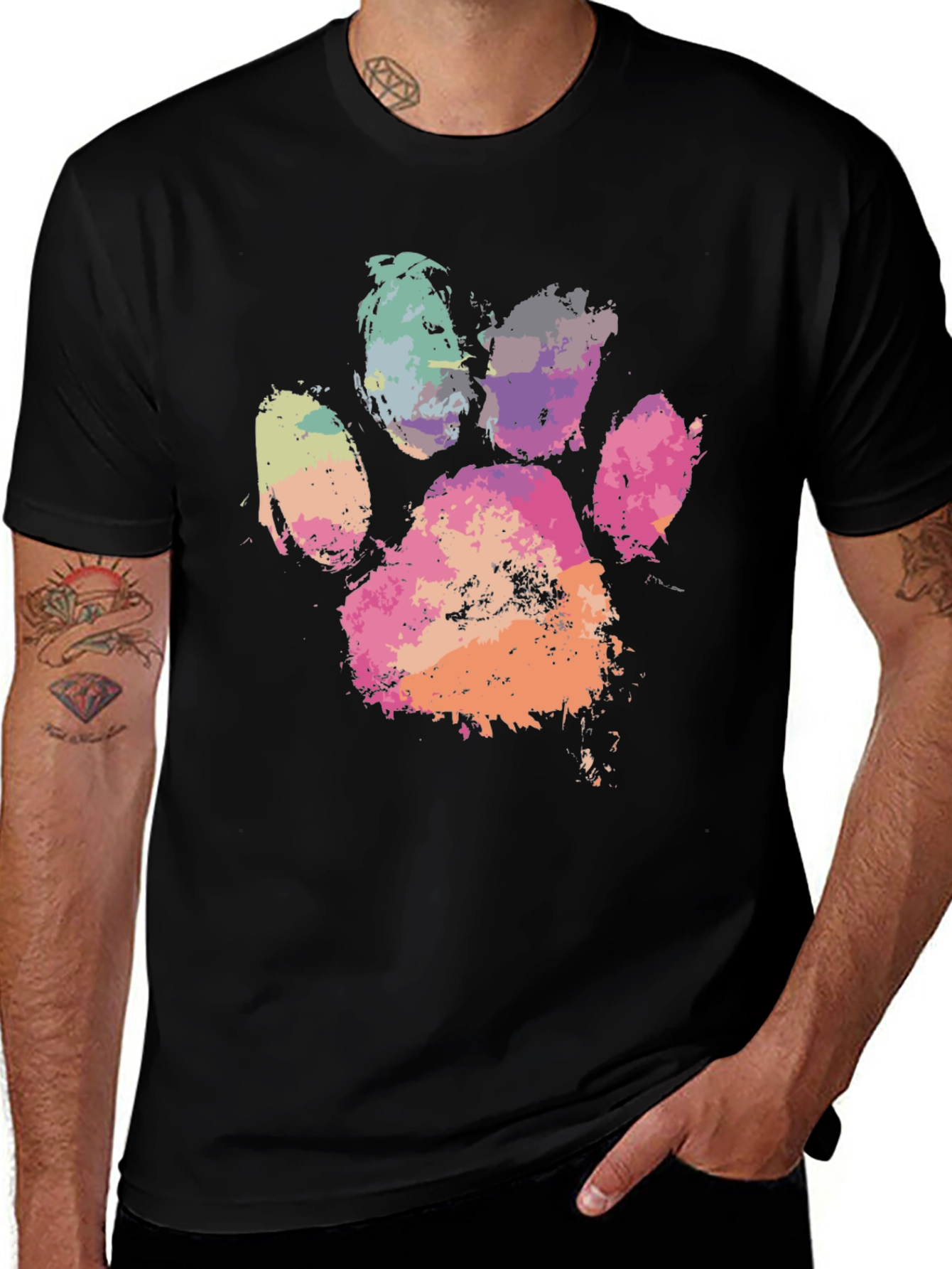 Variant 13 of Colorful Paw Print Graphic Tee - Black