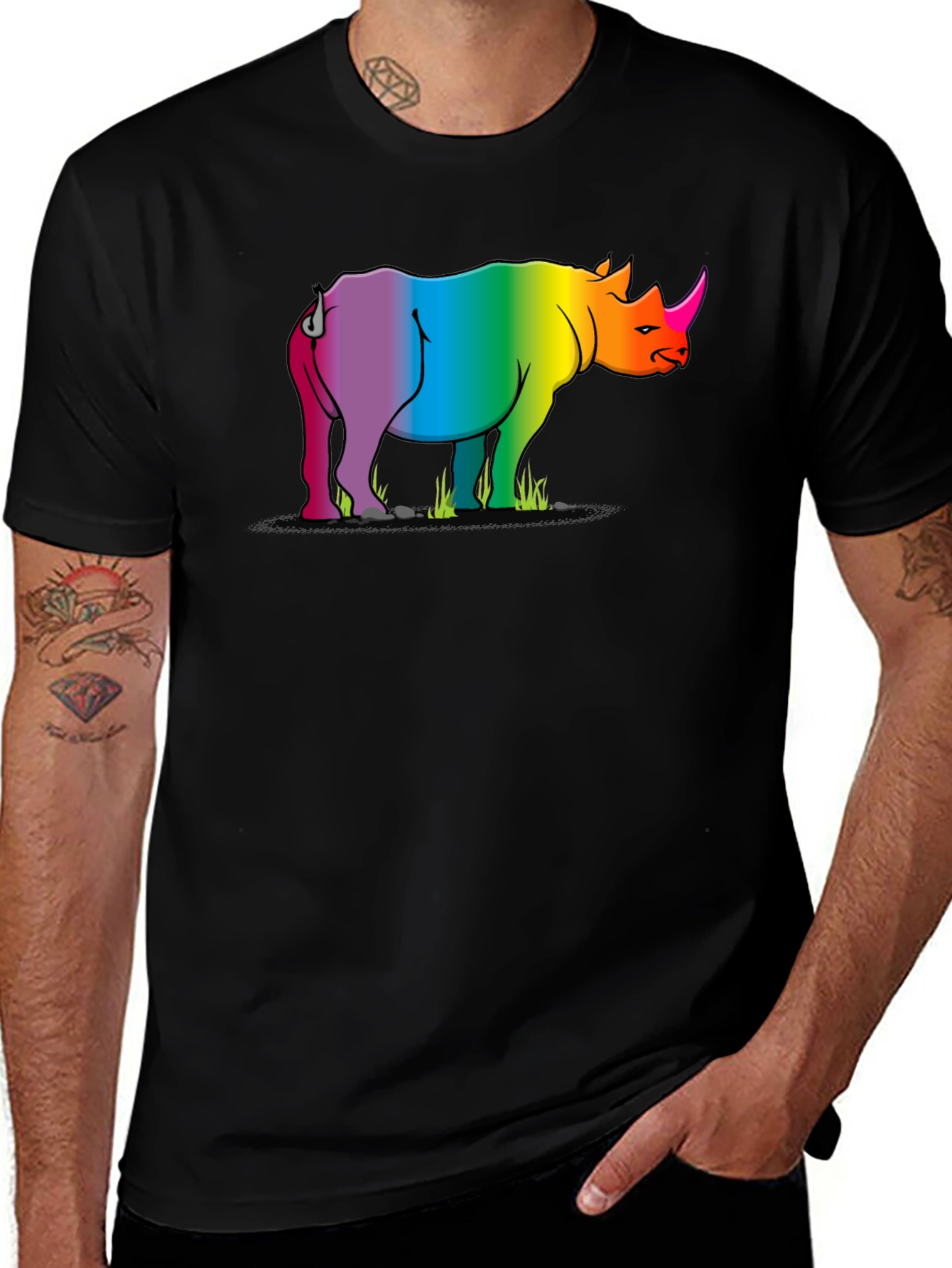 Variant 12 of Rainbow Rhino Graphic Tee - Black Cotton T-Shirt