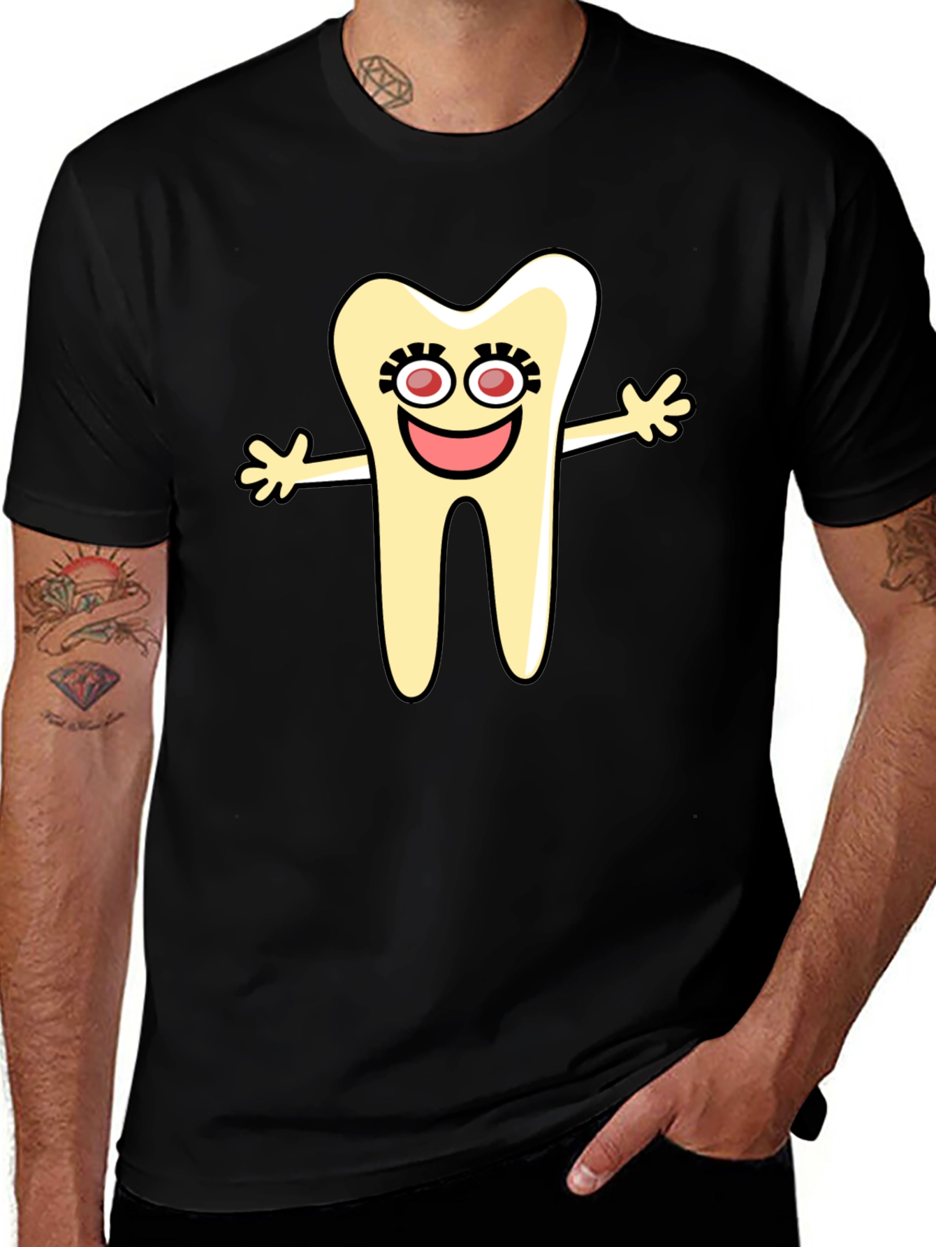 Cartoon Tooth Black T-Shirt Novelty Graphic Tee