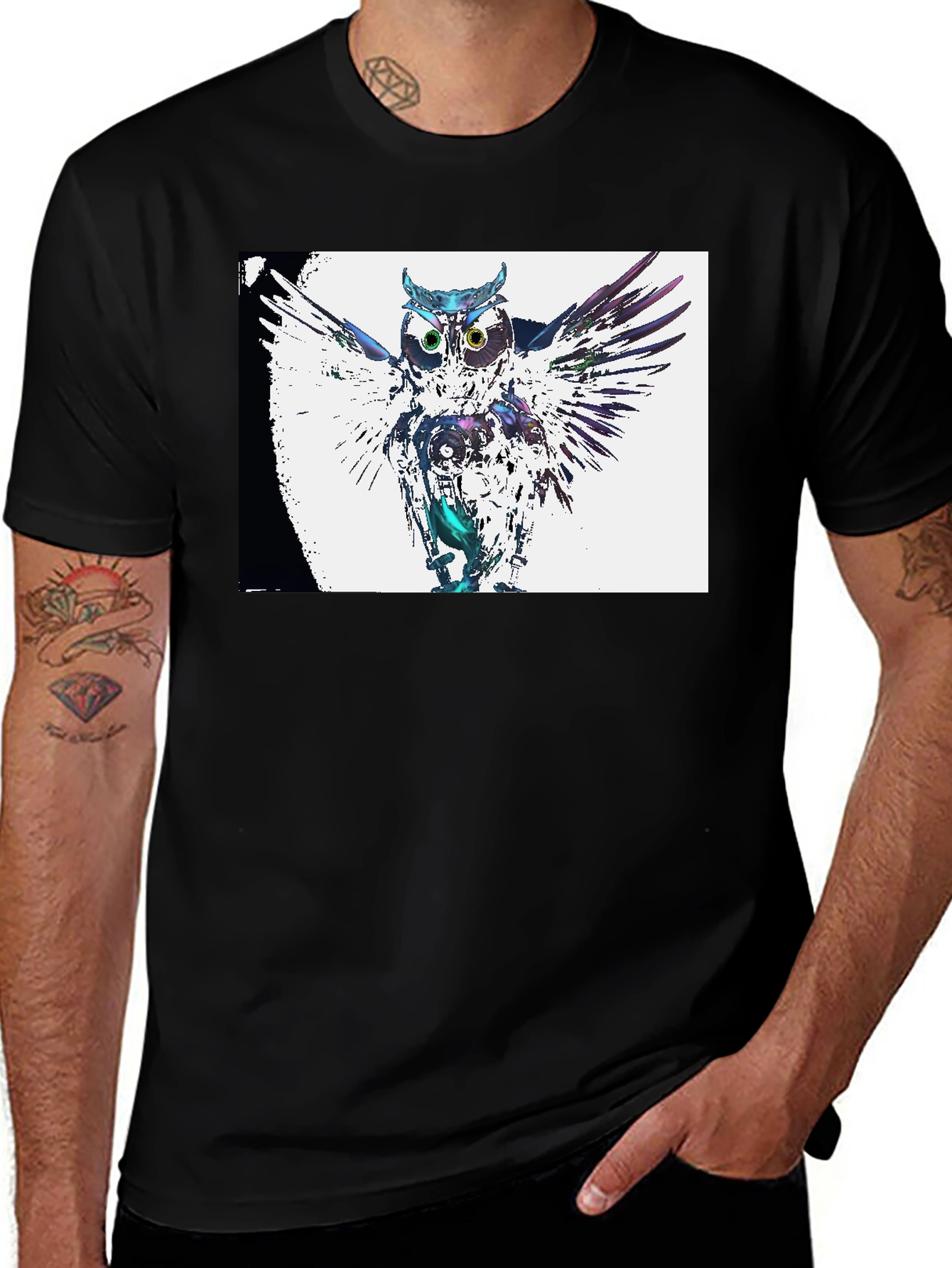 Variant 11 of Abstract Owl Graphic Print Black T-Shirt