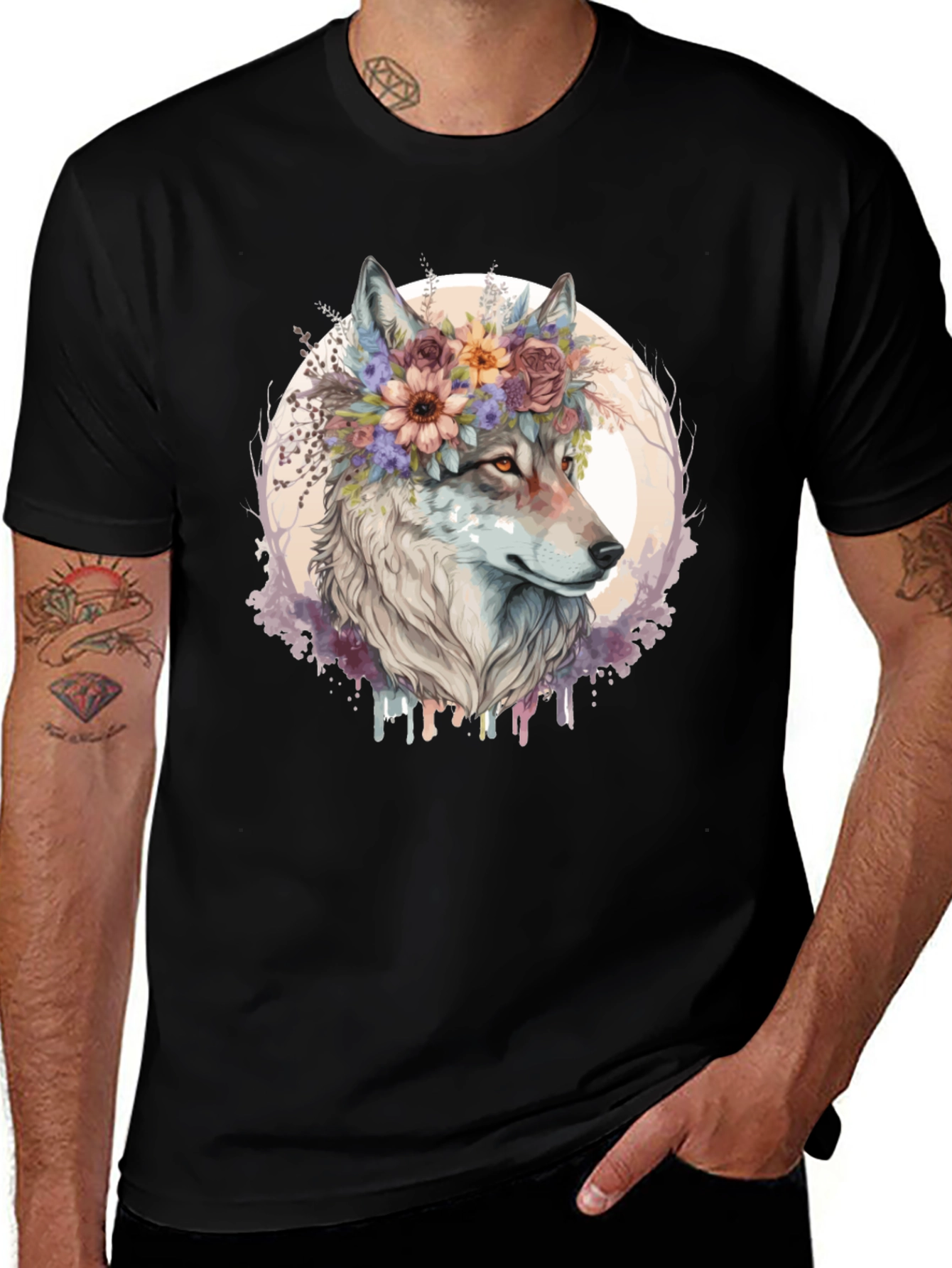 Variant 5 of Wolf Floral Crown Black T-Shirt