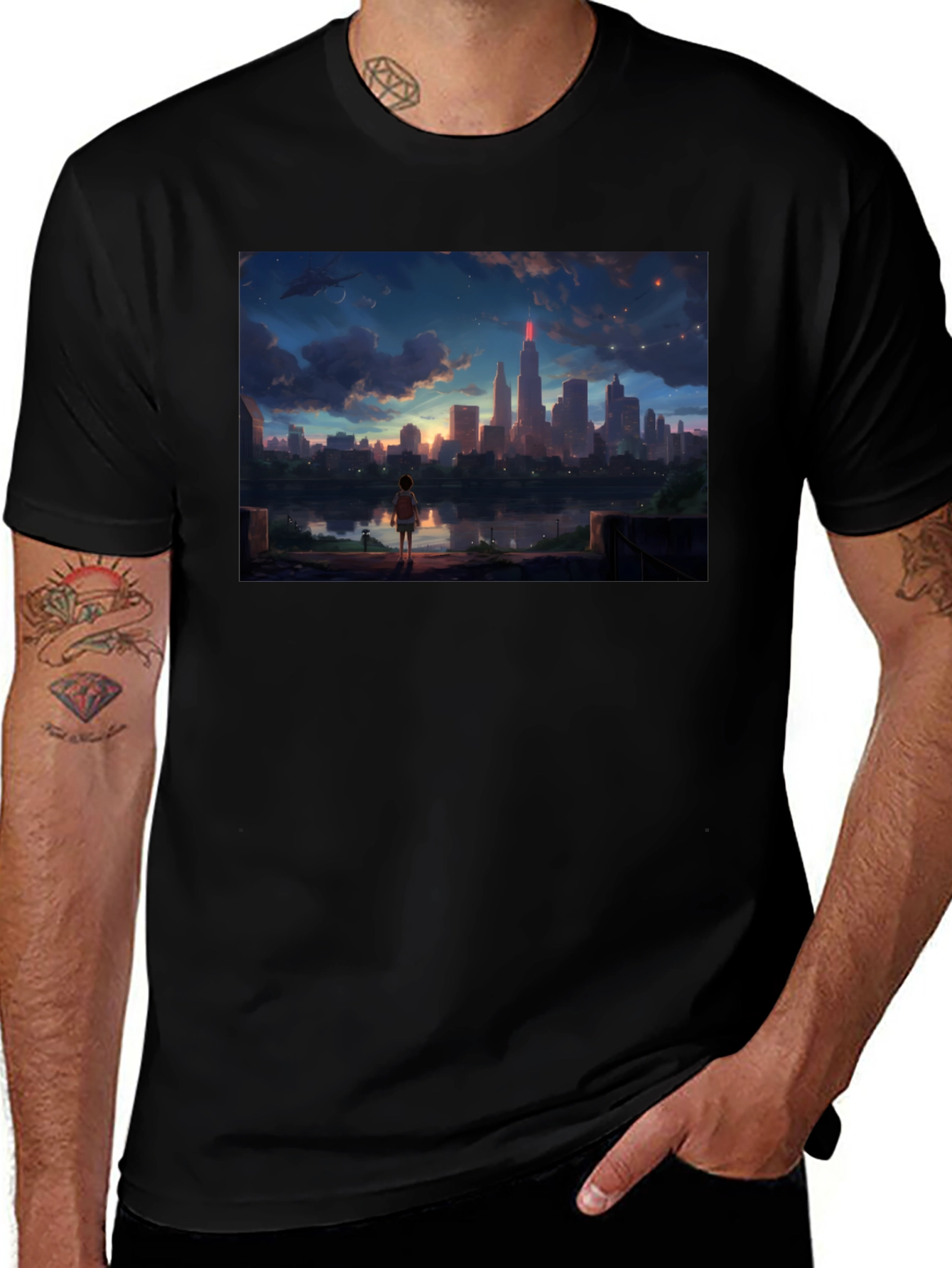 Anime Cityscape T-Shirt - Black Graphic Tee