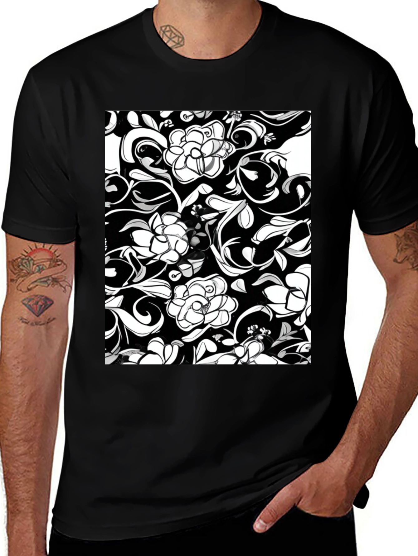 Variant 5 of Elegant Floral Print Black T-Shirt
