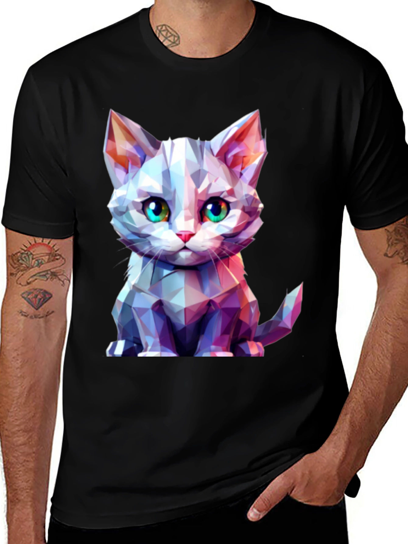 Variant 14 of Geometric Cat Graphic Tee - Stylish Men's Black T-Shirt