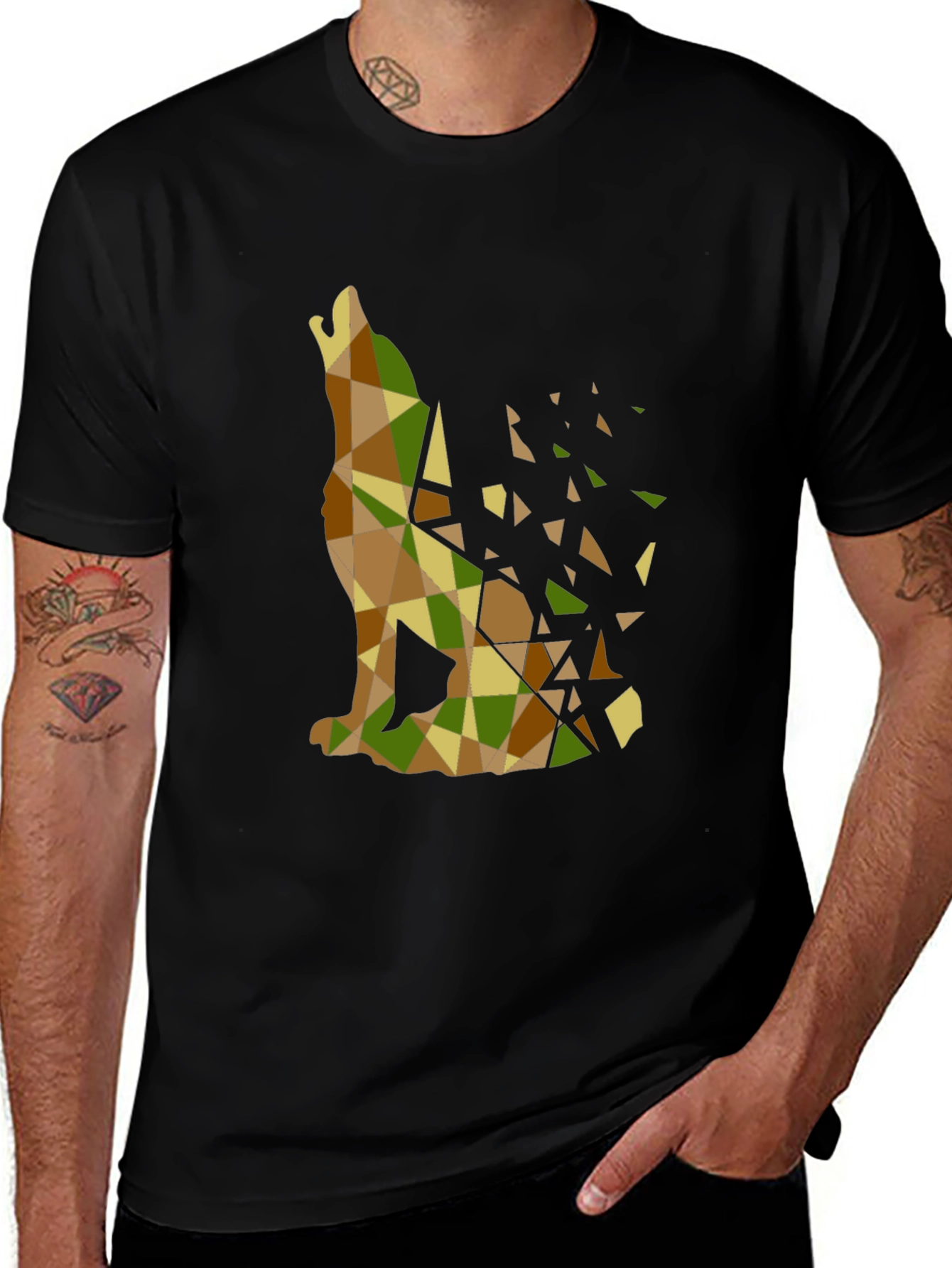 Variant 23 of Geometric Wolf Print Black T-Shirt
