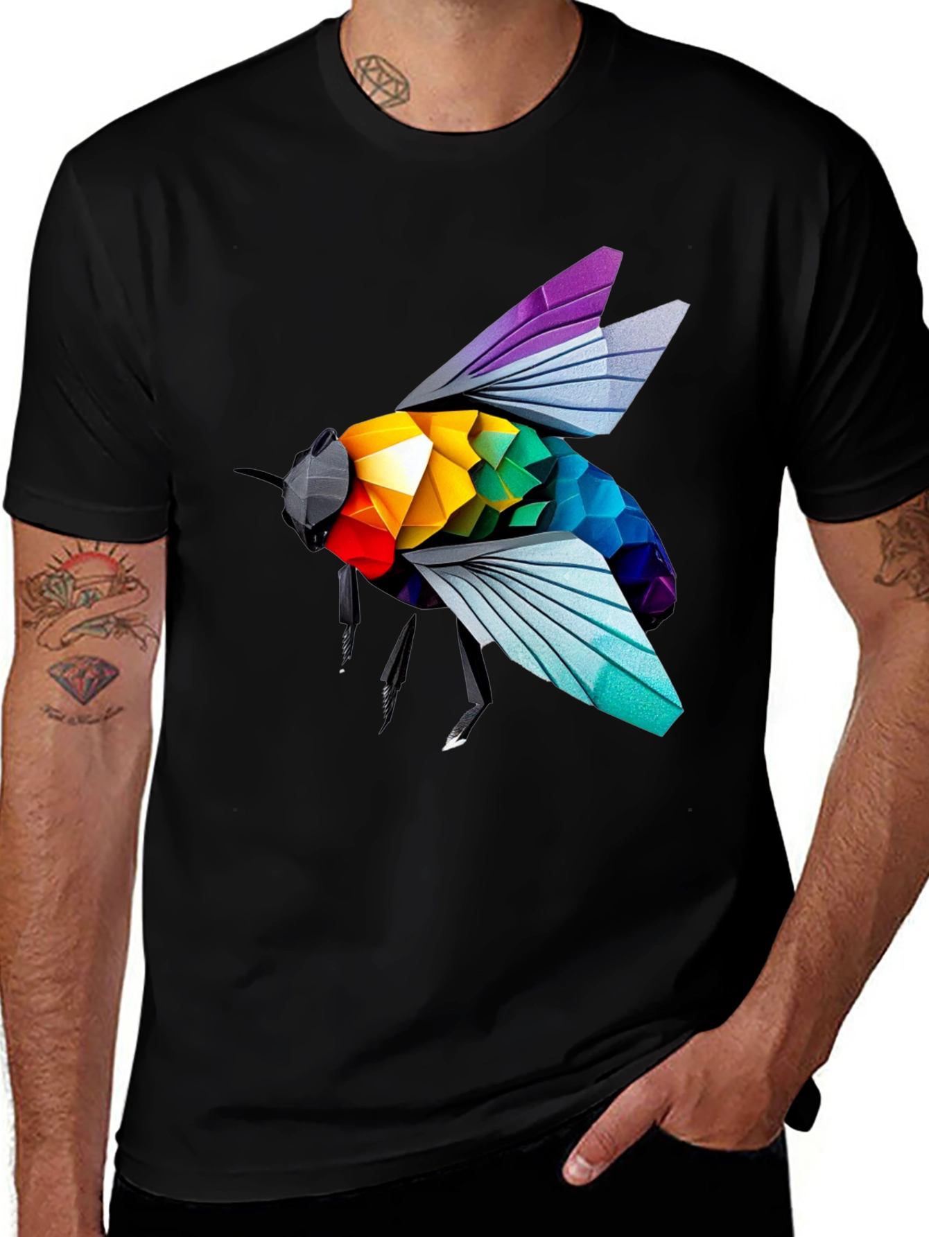 Rainbow Bee Graphic T-Shirt - Stylish Black Tee