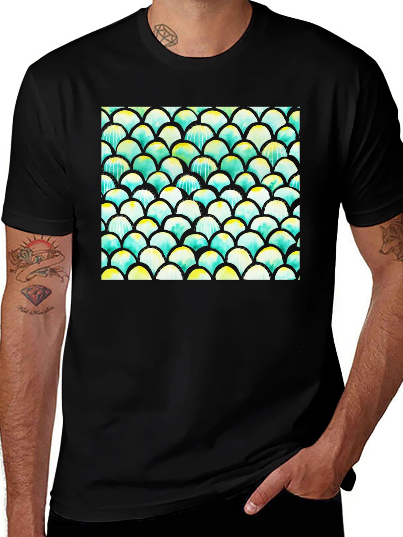 Variant 29 of Men's Black T-Shirt with Colorful Fish Scale Design
