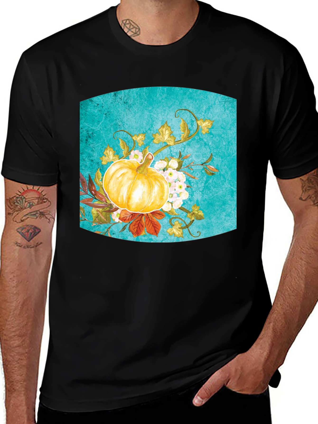 Variant 6 of Fall Pumpkin Floral Graphic Tee - Black