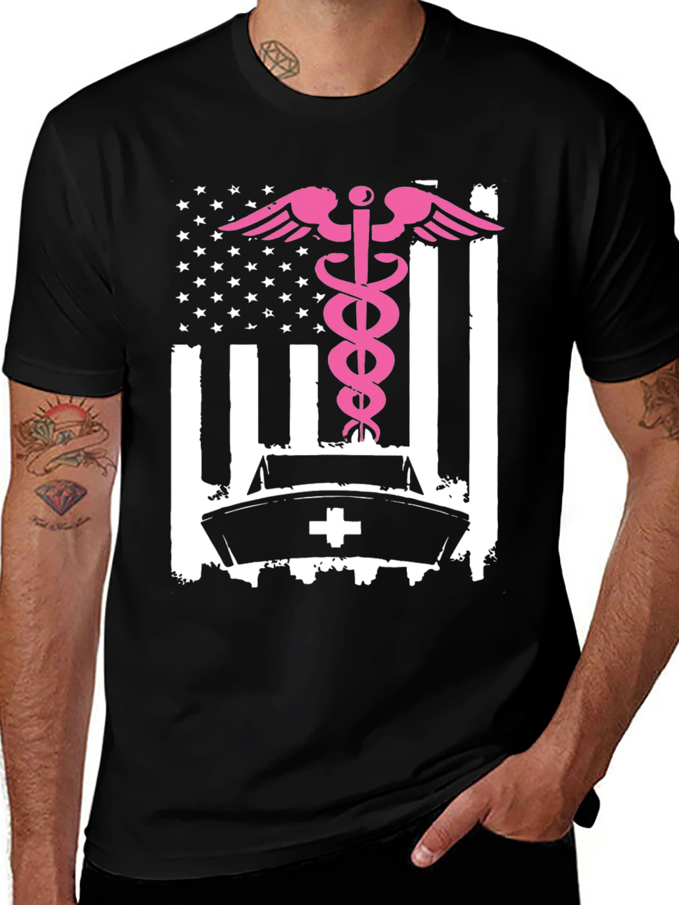 Nurse American Flag T-Shirt - Pink Caduceus Design
