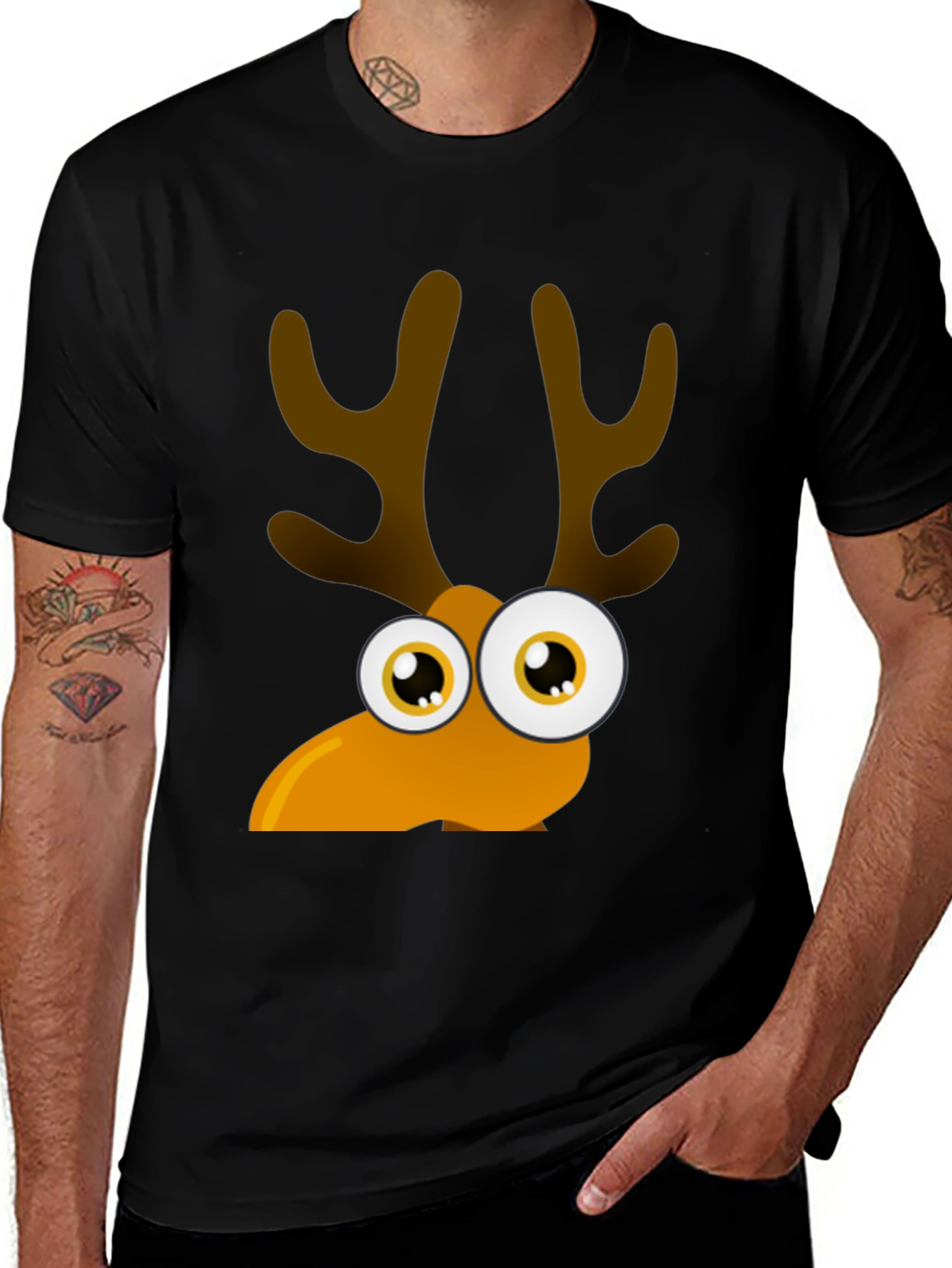 Black Funny Cartoon Reindeer Graphic Tee main image