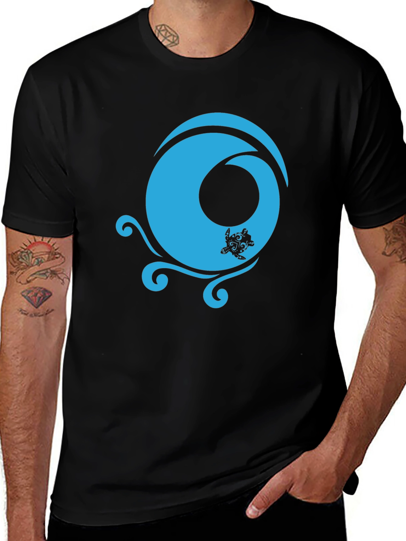 Variant 16 of Black T-Shirt with Turquoise Turtle Wave Design
