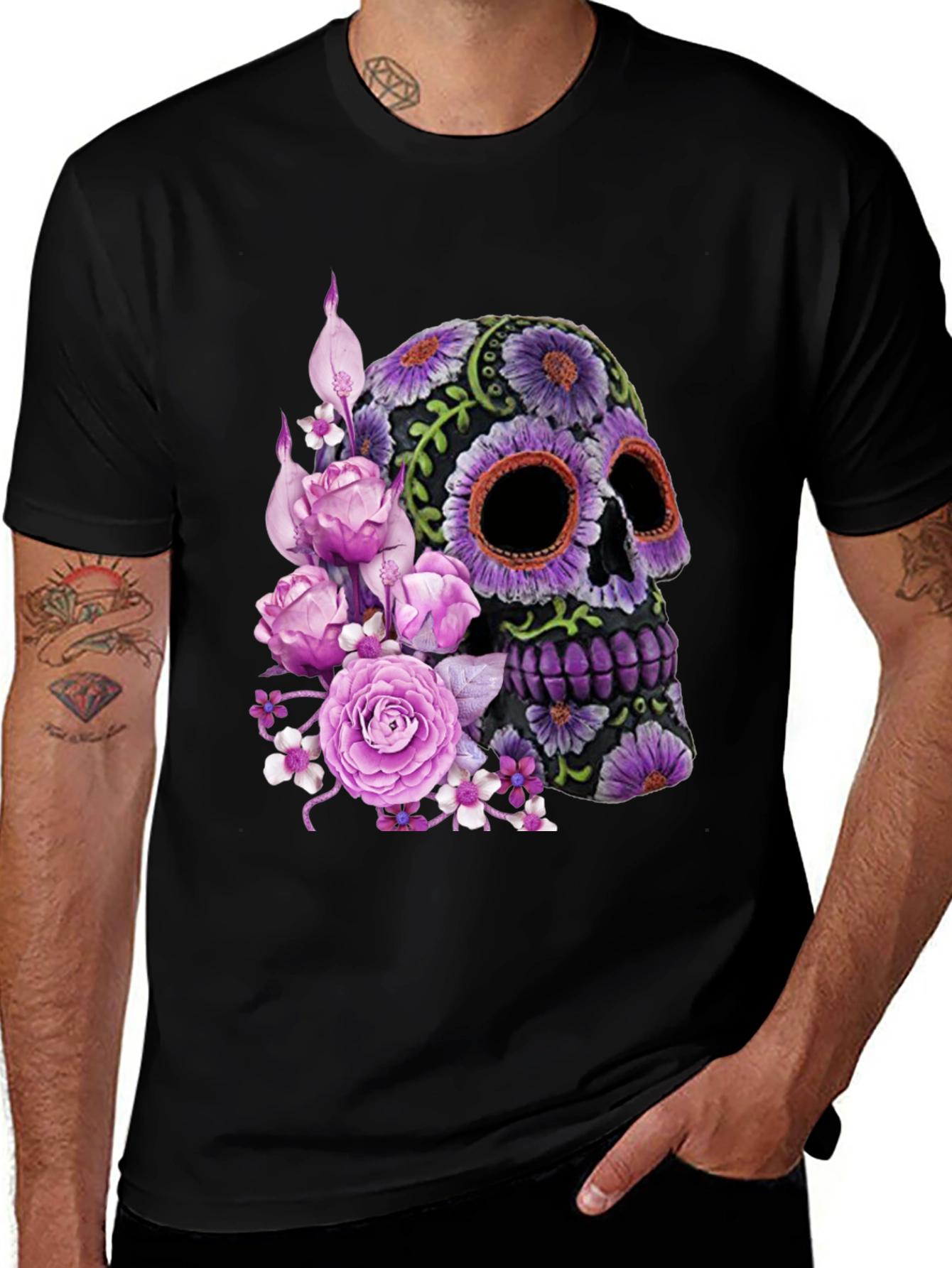 Variant 2 of Floral Sugar Skull Graphic Tee - Day of the Dead Style