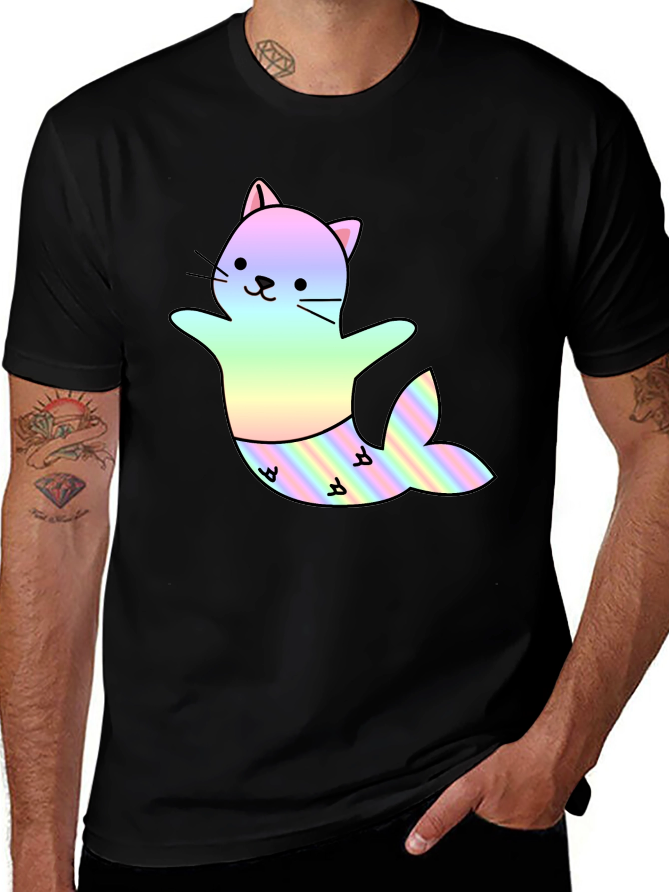 Variant 14 of Cute Cat Mermaid T-Shirt - Black