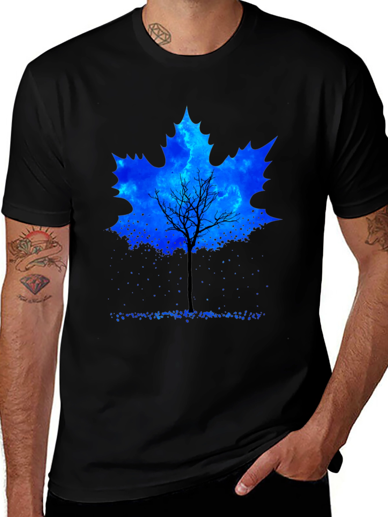Variant 14 of Leaf Tree Graphic Tee - Black Cotton Casual Shirt