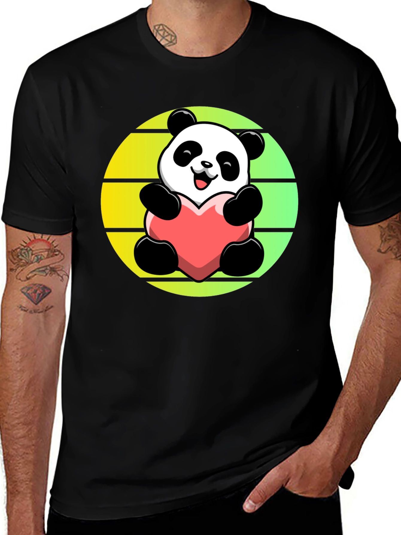 Variant 21 of Cute Panda Heart T-Shirt - Black Cotton Blend