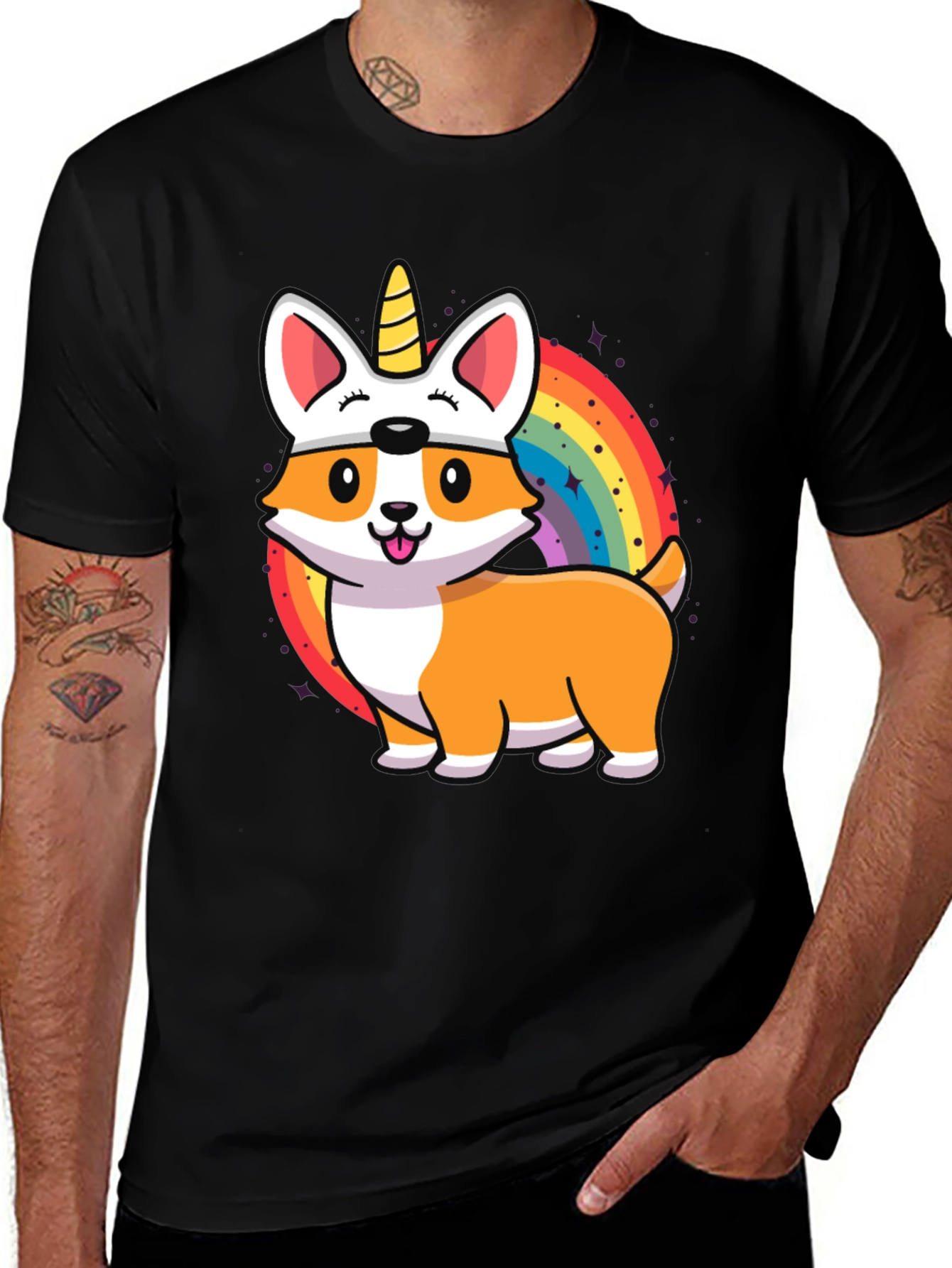Variant 29 of Unicorn Corgi Graphic Tee - Black Cotton T-Shirt