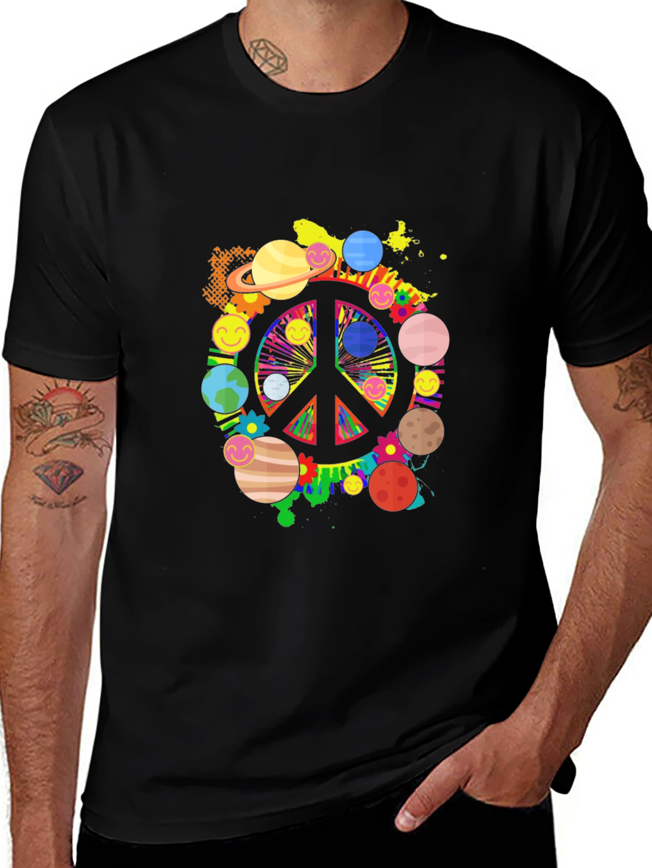 Variant 20 of Peace & Planets Graphic Tee - Black Casual Comfort