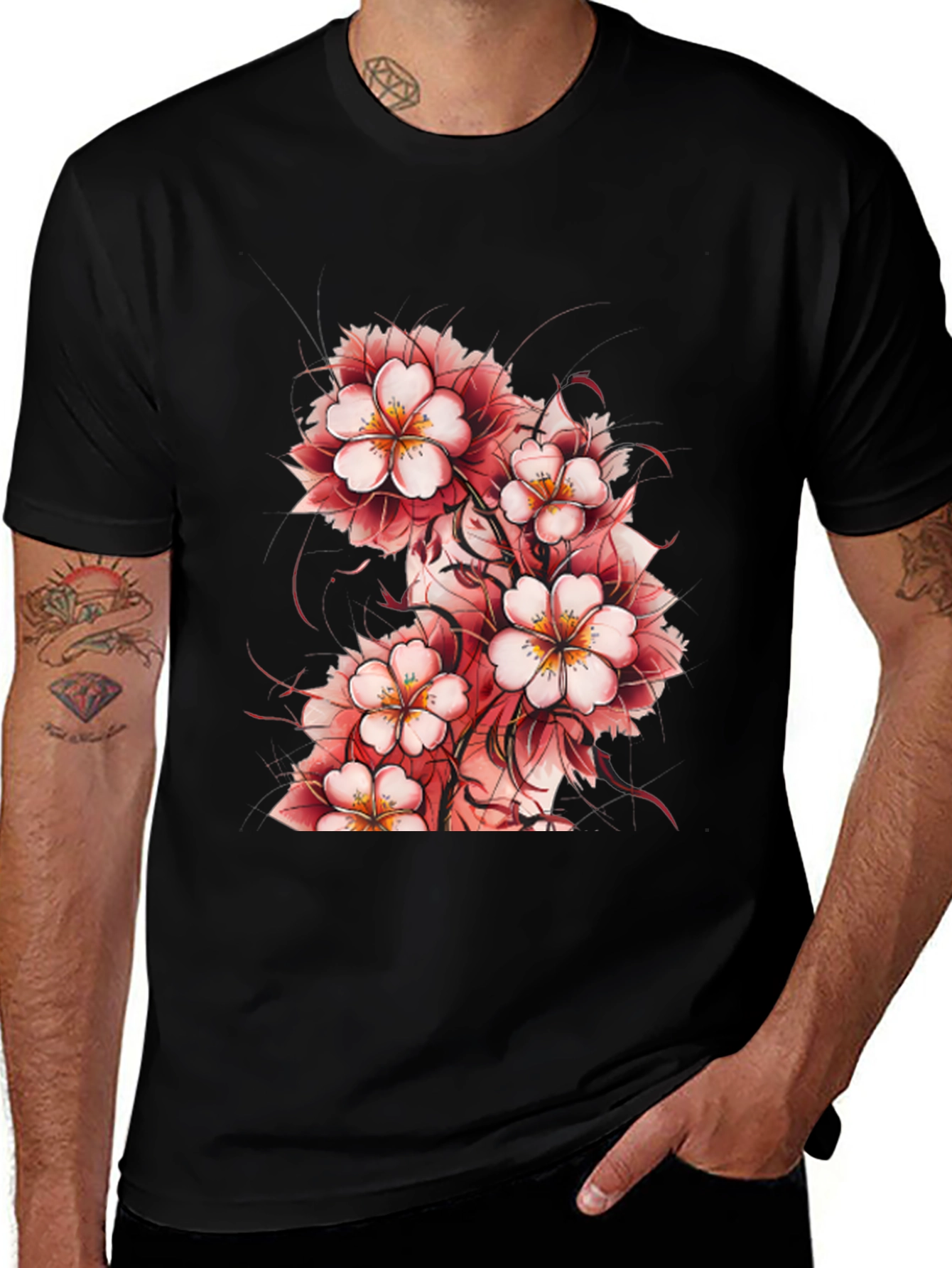 Variant 21 of Floral Print Black T-Shirt - Stylish Casual Wear