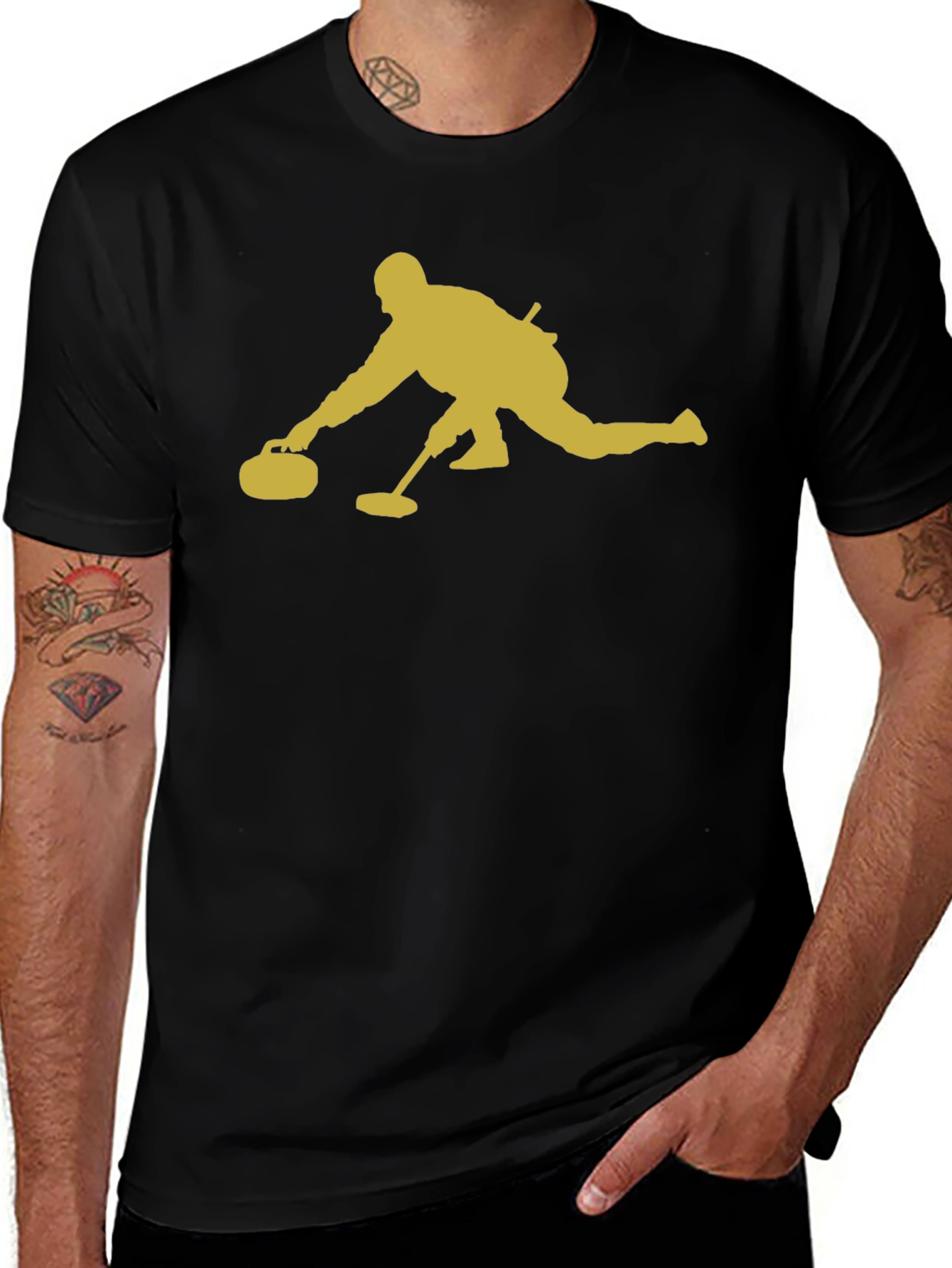 Variant 12 of Curling Player Graphic Tee - Black Cotton T-Shirt
