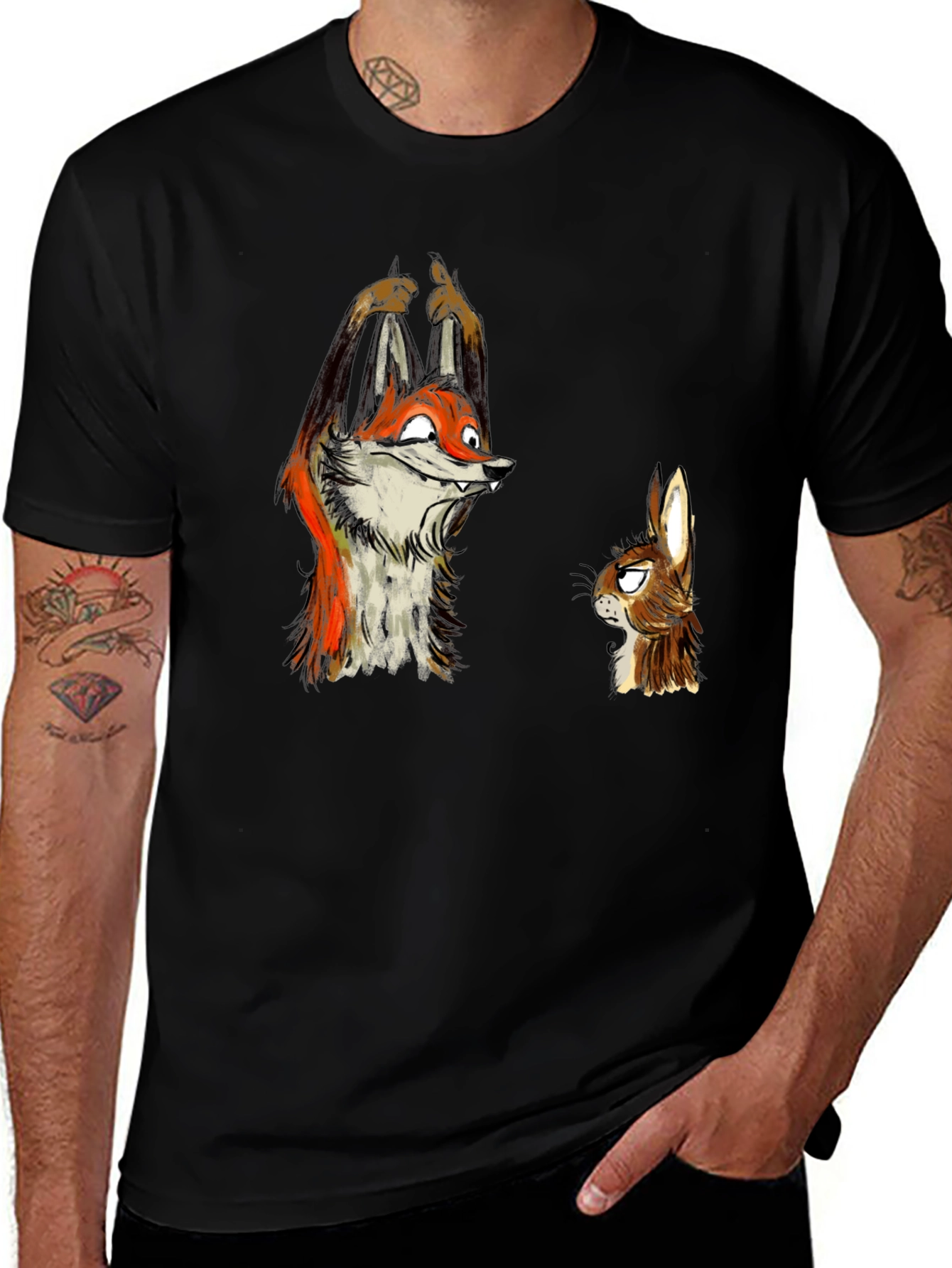 Variant 22 of Funny Fox and Rabbit Graphic Tee - Black