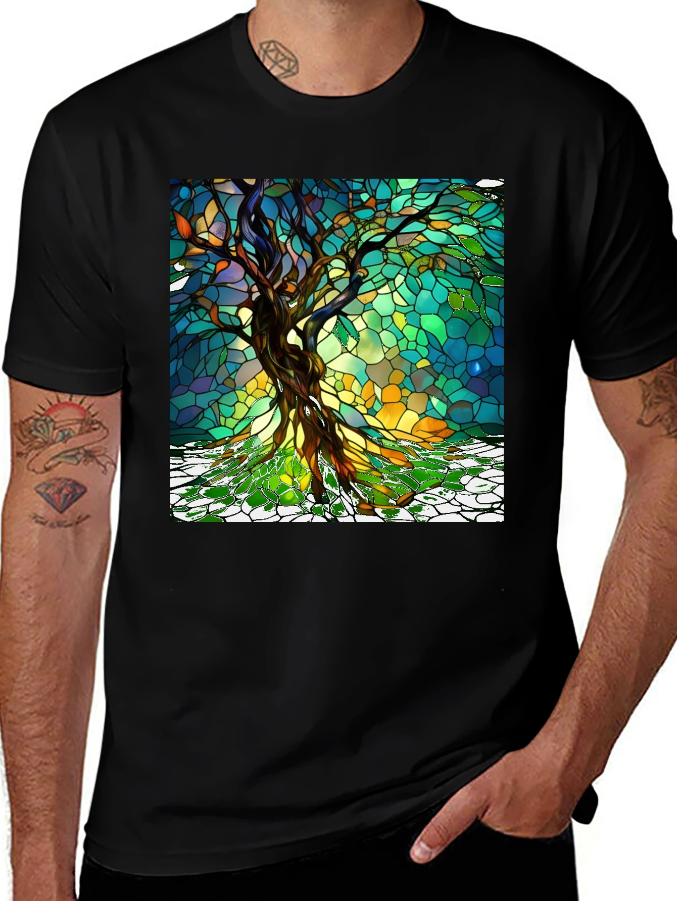 Variant 22 of Stained Glass Tree of Life Graphic Tee - Black Cotton Blend