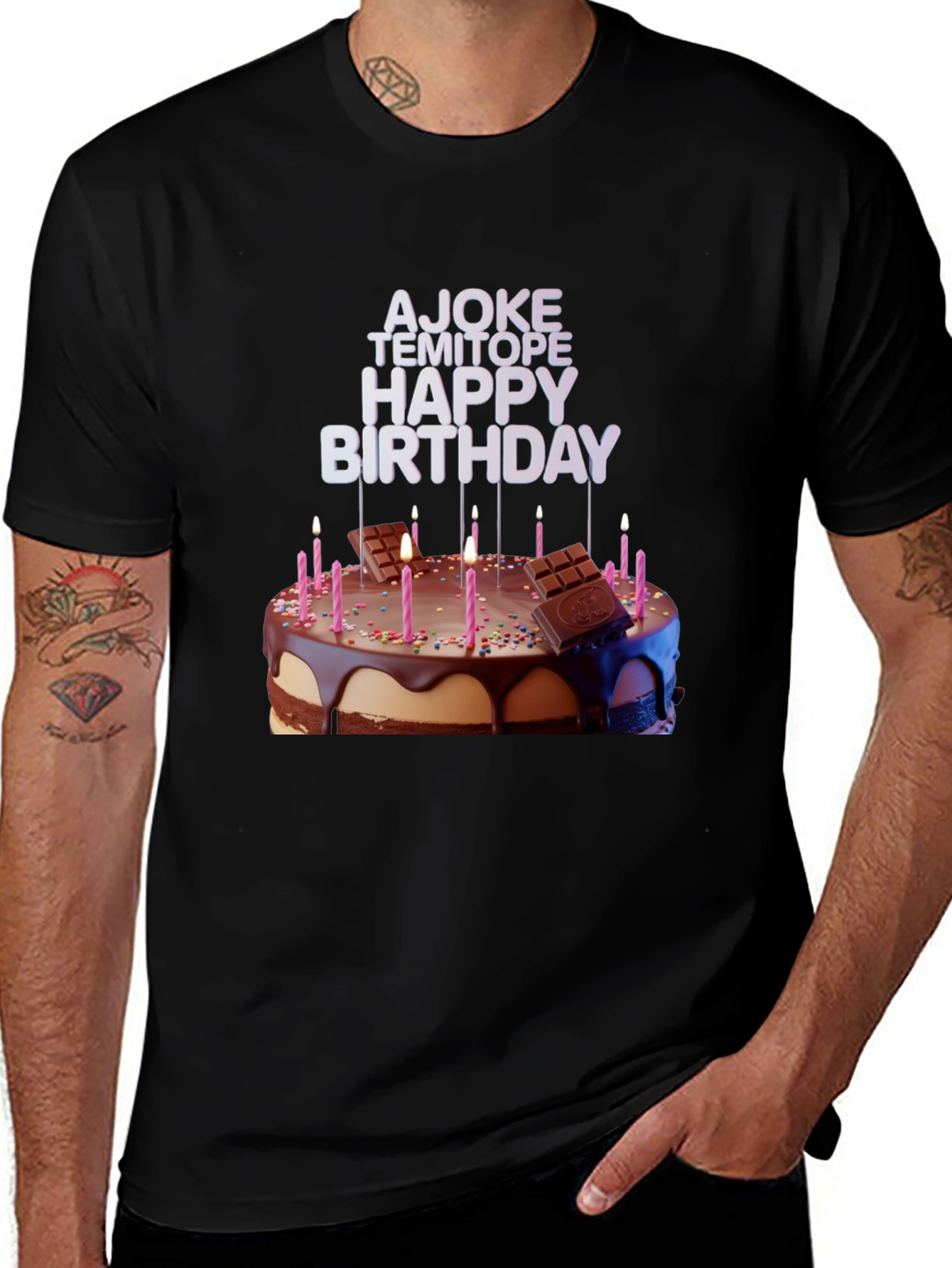 Variant 28 of Birthday Cake Tee: "AJOKE TEMITOPE HAPPY BIRTHDAY" Design