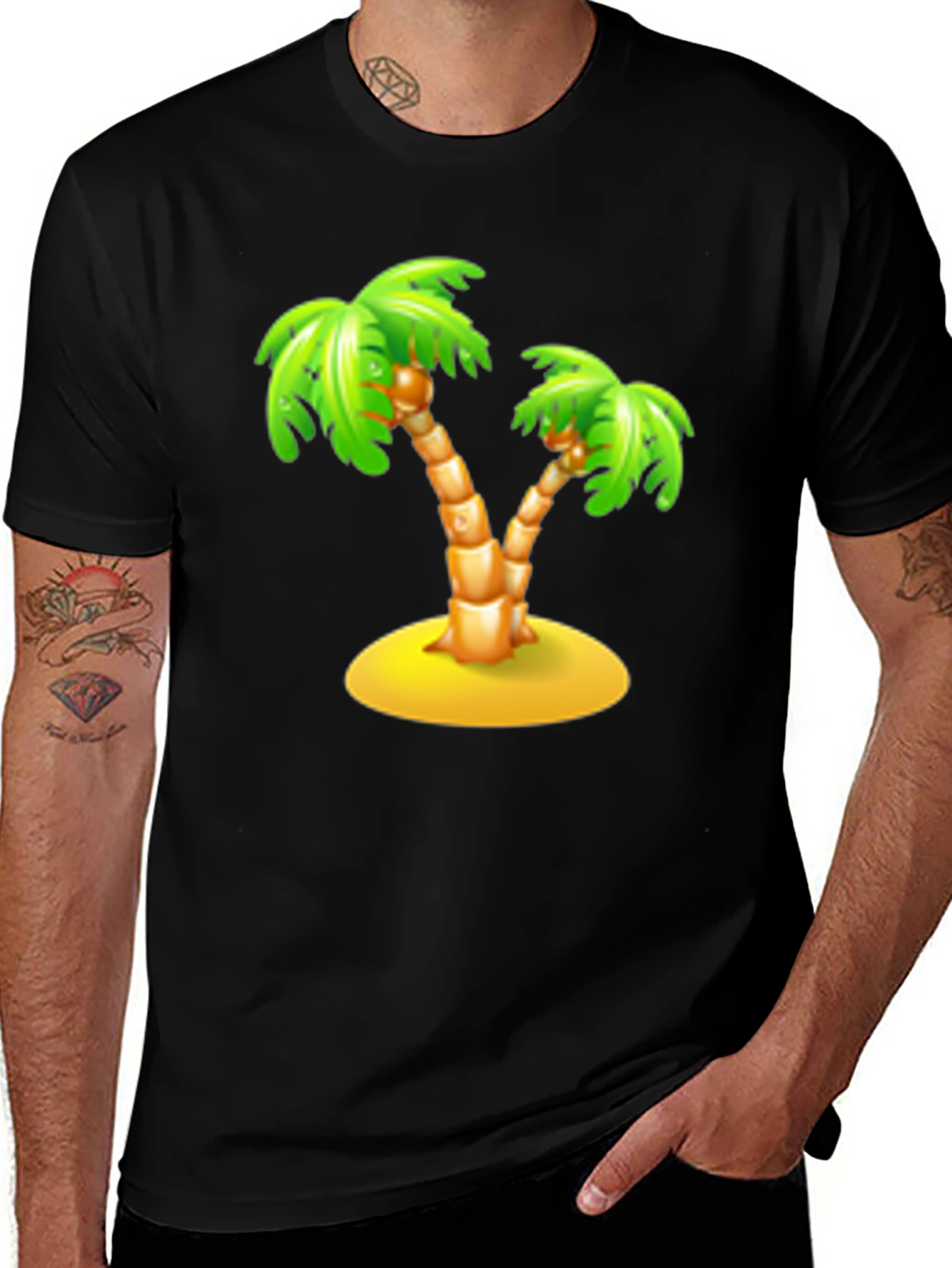 Tropical Palm Tree Graphic Tee - Black Cotton T-Shirt