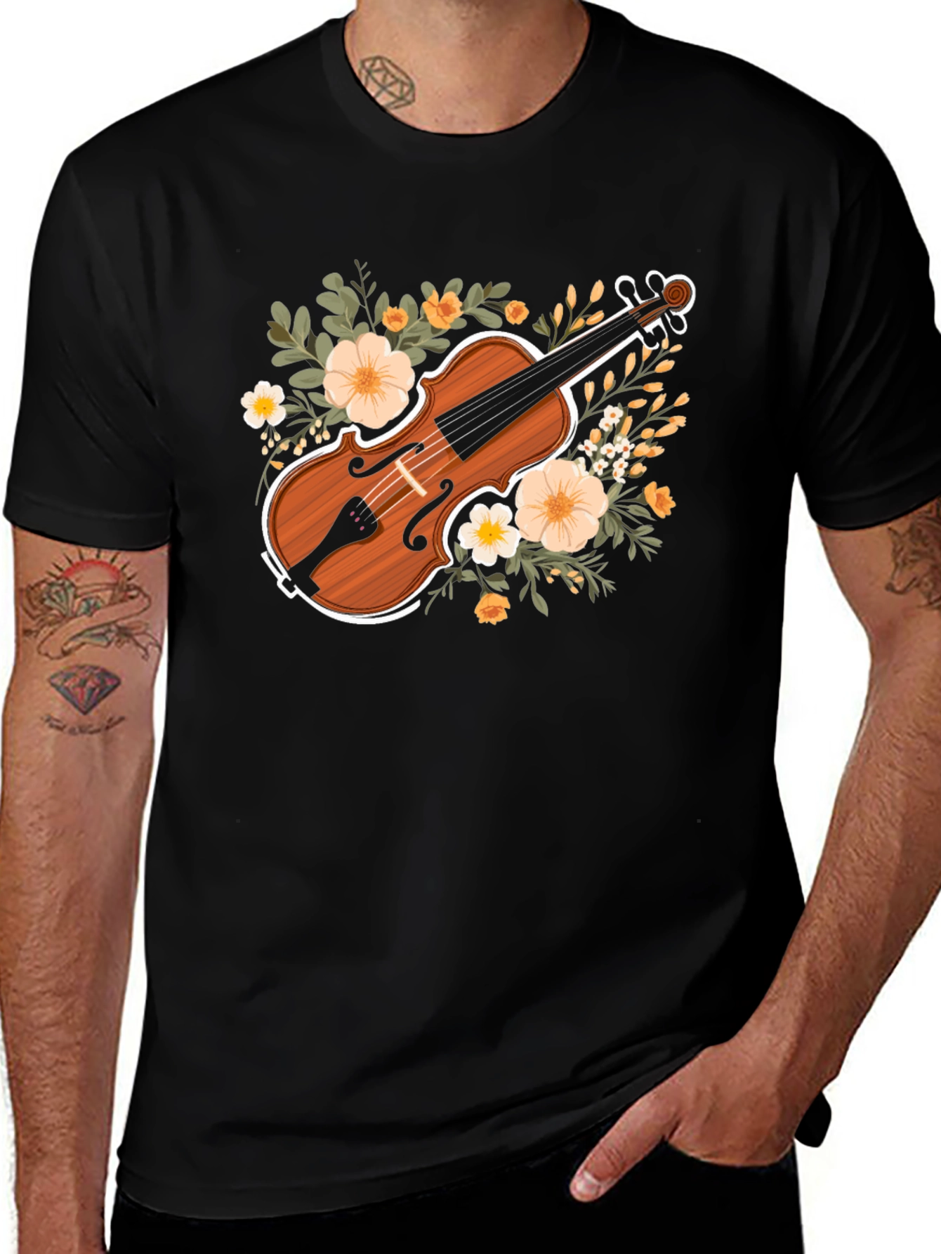 Variant 17 of Floral Violin Graphic T-Shirt - Musician Style
